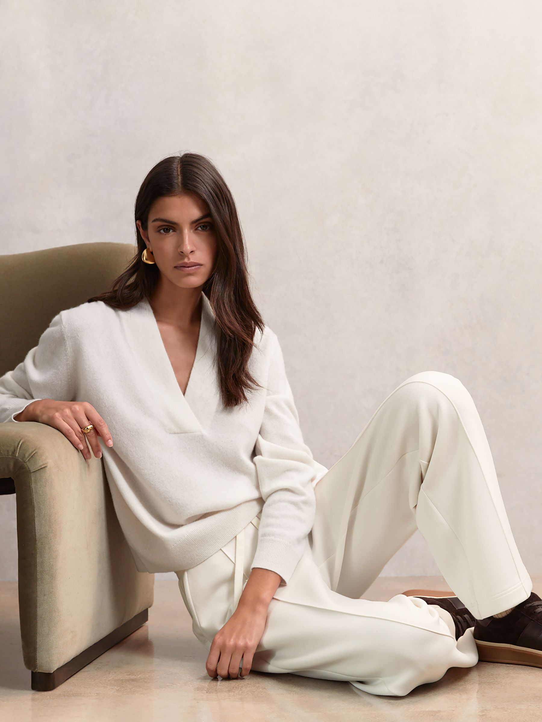 Cashmere V-Neck Jumper in Cream - Image 1 of 6