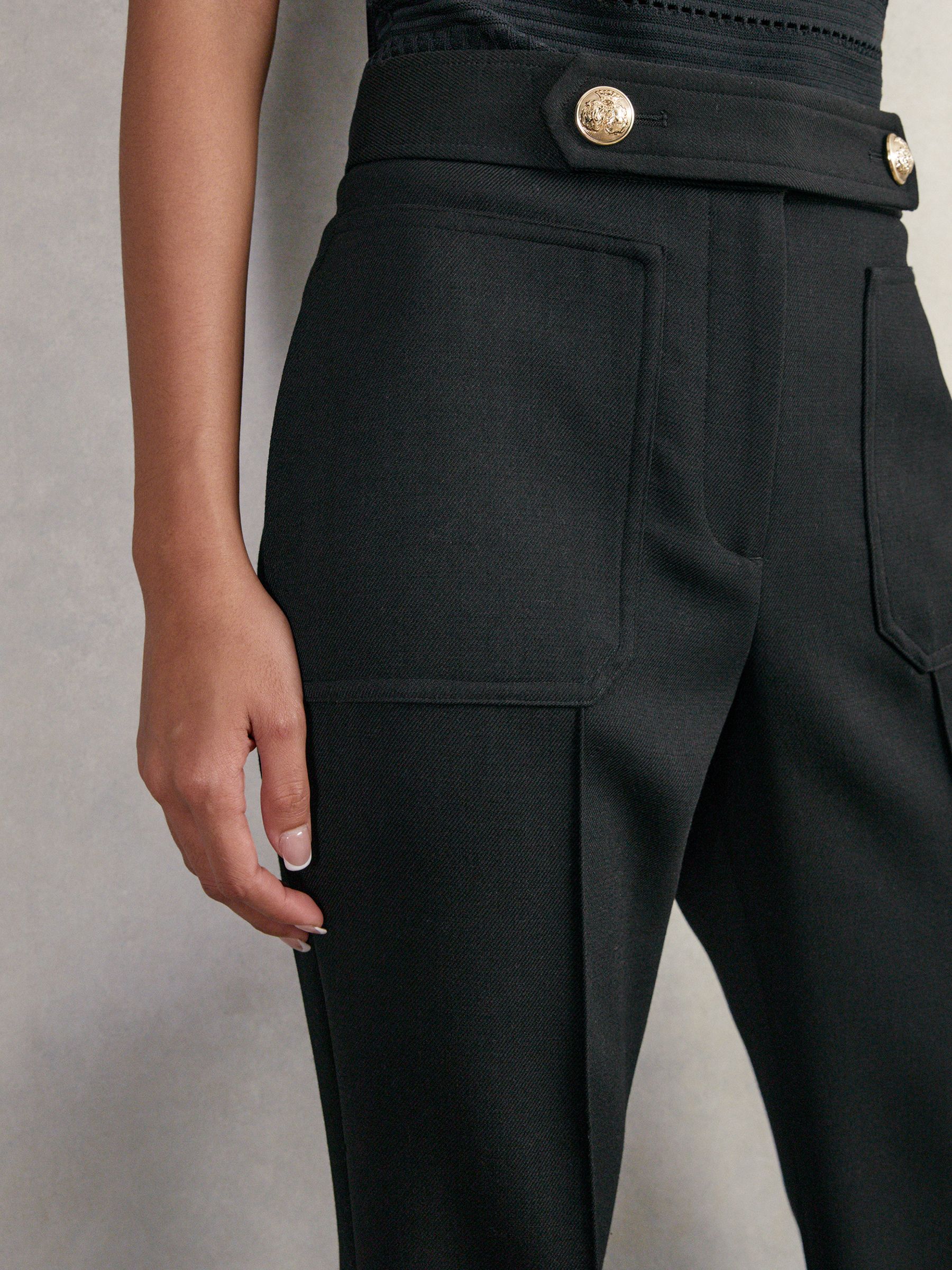 Twill Button-Tab Flared Trousers With Wool in Black - Image 5 of 7
