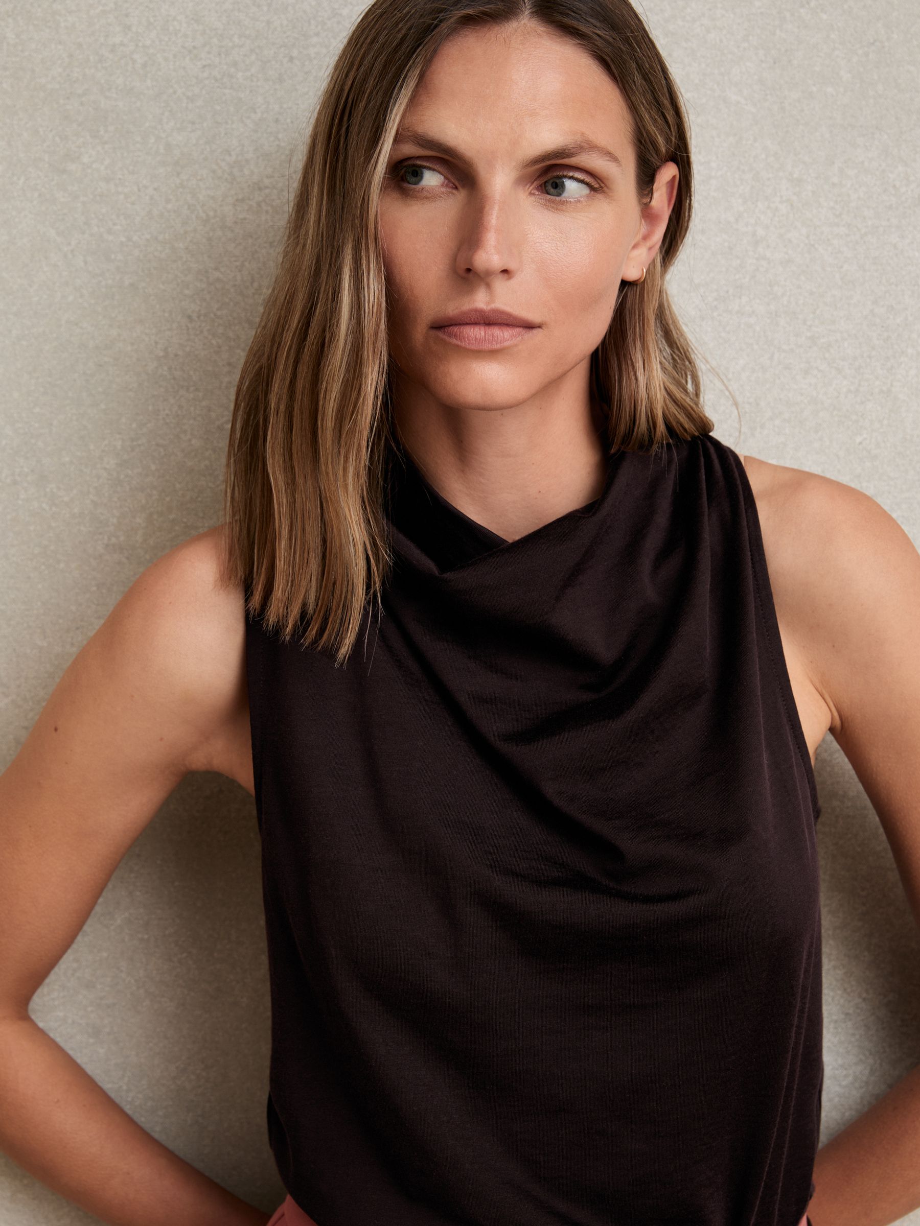 Cotton-Blend Cowl-Neck Sleeveless Top in Plum Purple - image 4