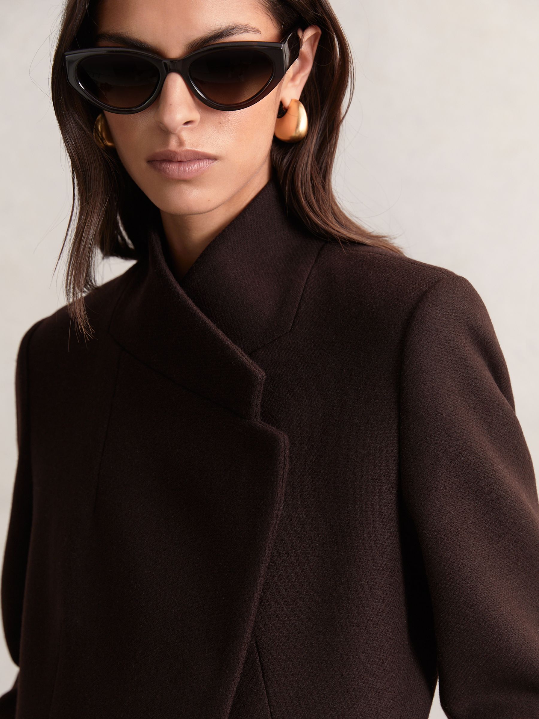 Wool-Blend Wrapover Mid-Length Coat in Chocolate Brown - Image 3 of 6