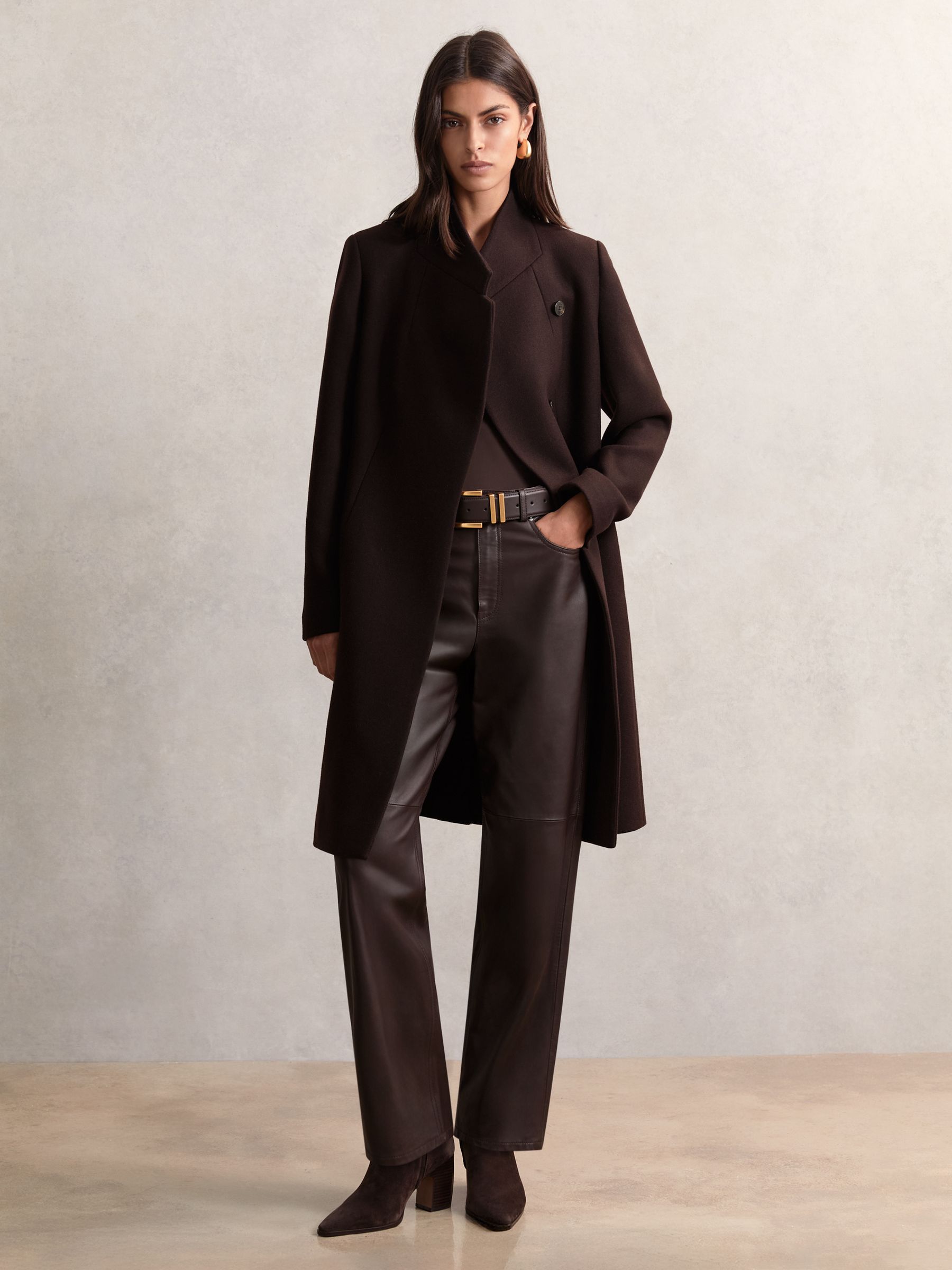 Wool-Blend Wrapover Mid-Length Coat in Chocolate Brown - image 5