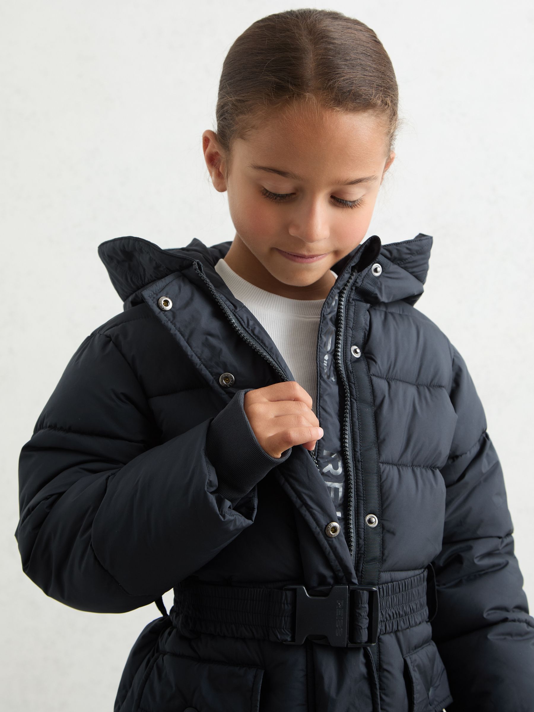9-13 yrs Longline Hooded Puffer Coat in Navy - Image 3 of 5