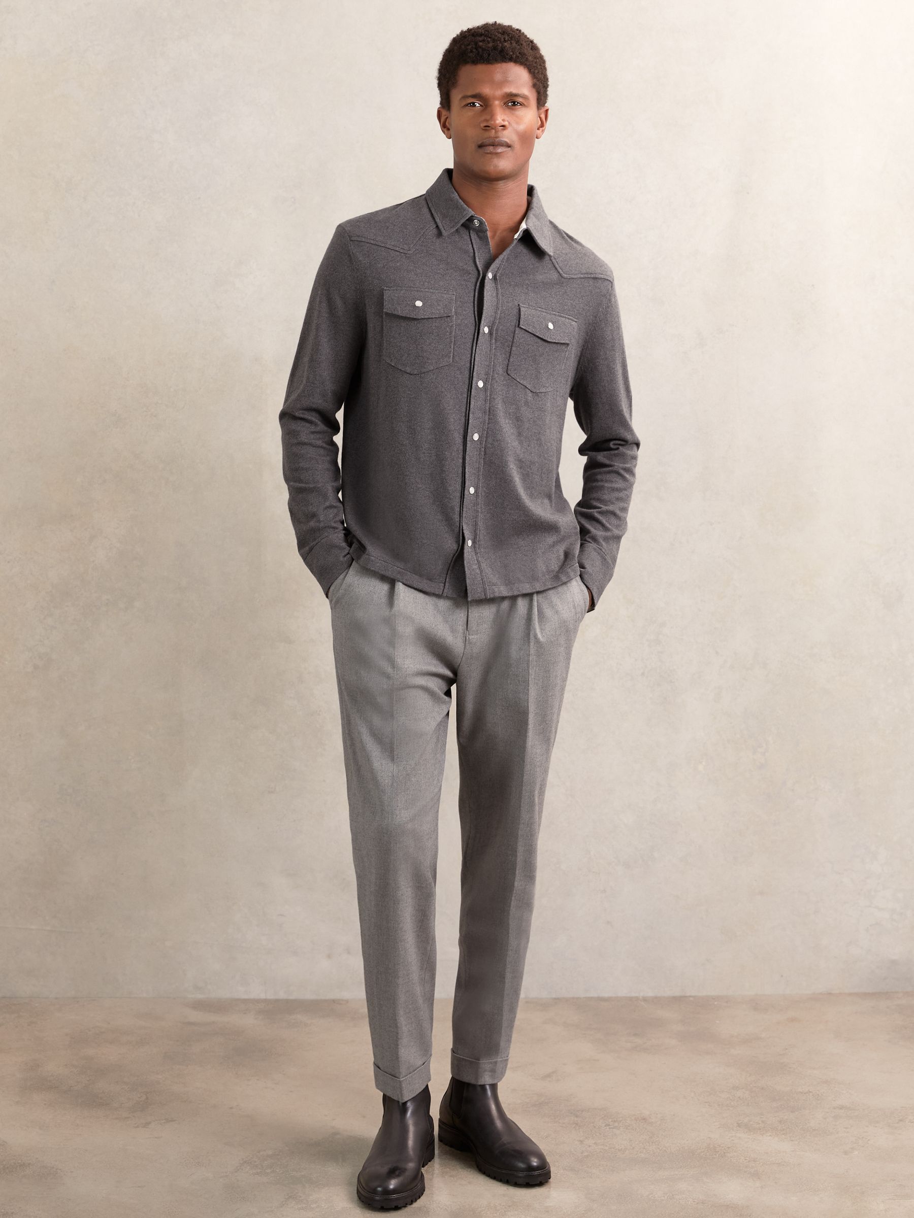 Cotton-Cashmere Western Knitted Shirt in Charcoal Grey - Image 1 of 6