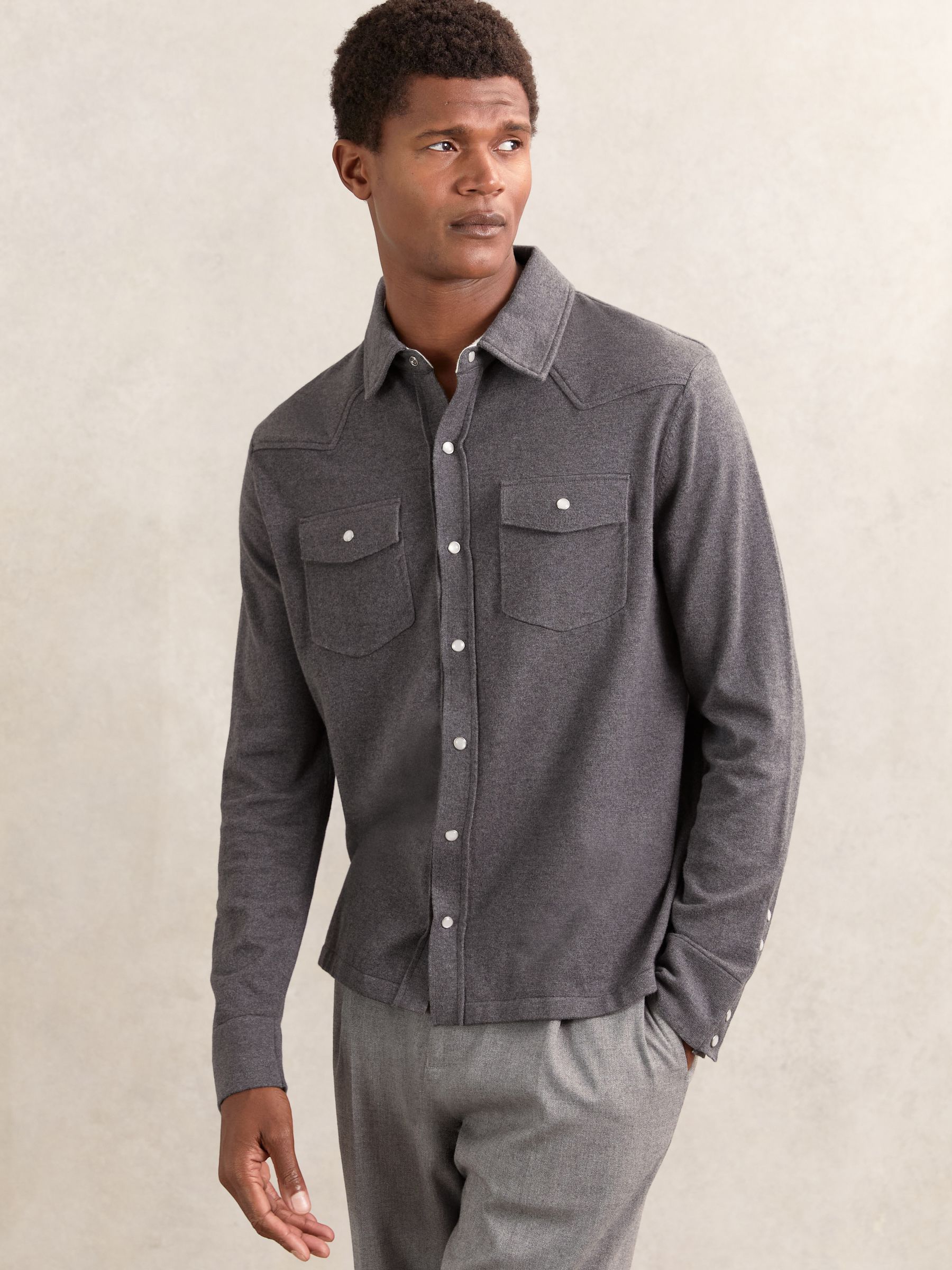 Cotton-Cashmere Western Knitted Shirt in Charcoal Grey - Image 3 of 6