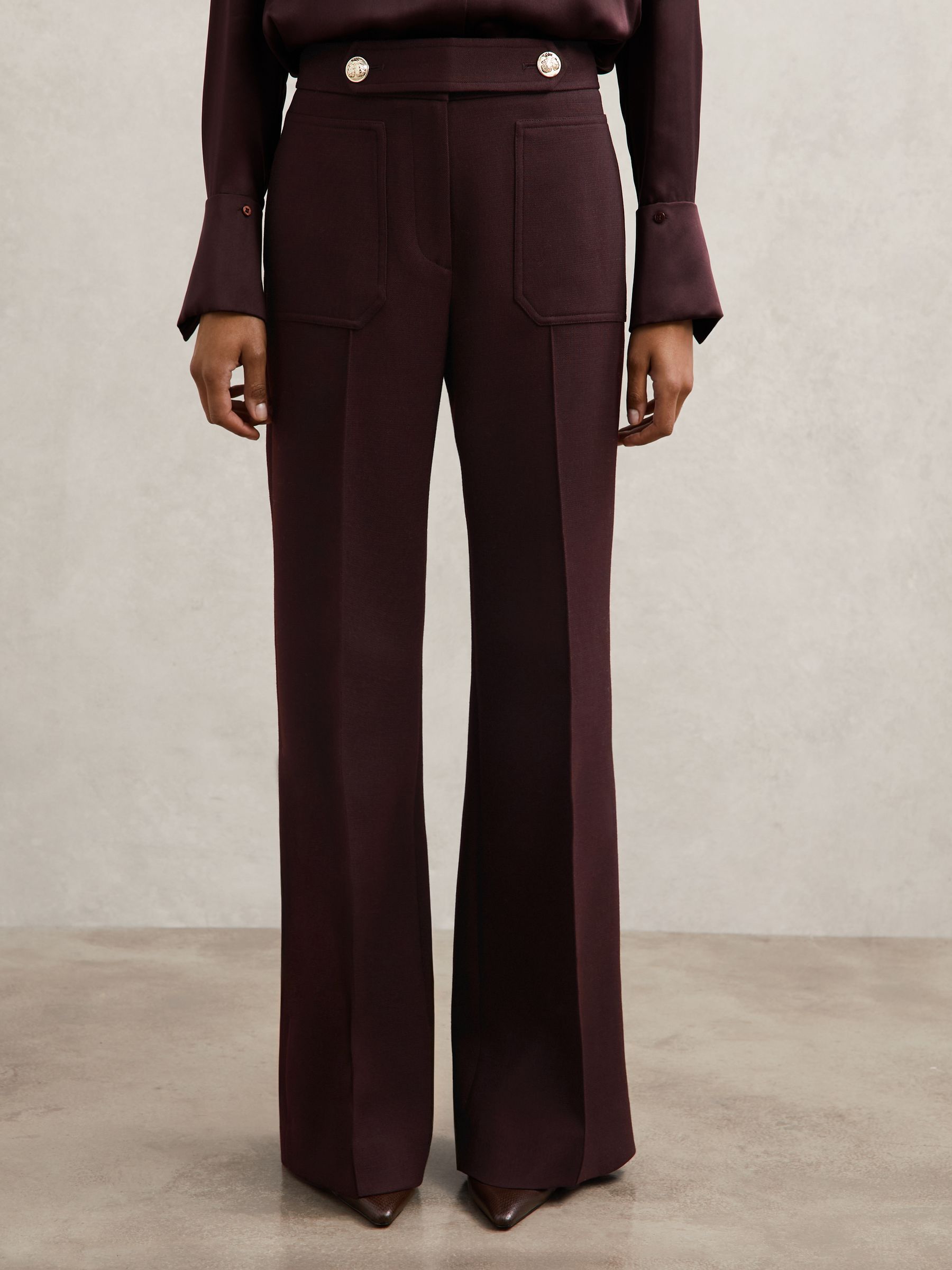 Twill Button-Tab Flared Trousers With Wool in Burgundy - image 5