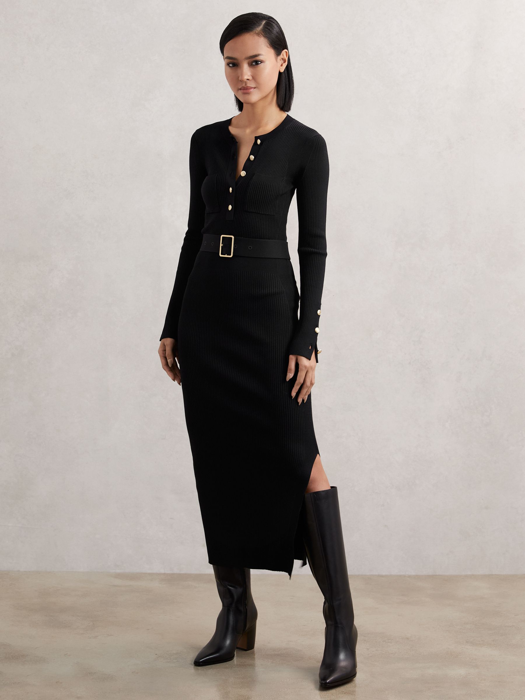 Reiss Roll-Neck Ribbed Mini Dress in Khaki | REISS