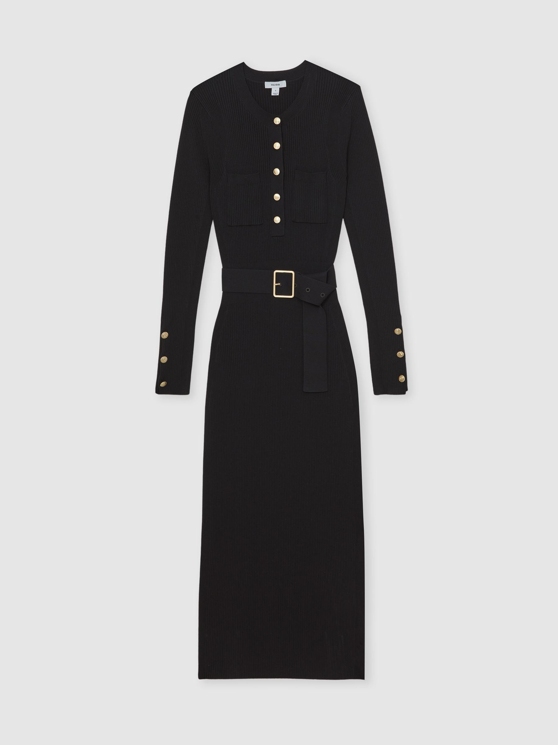 Buttoned Rib-Knit Midi Dress in Black - Image 2 of 7