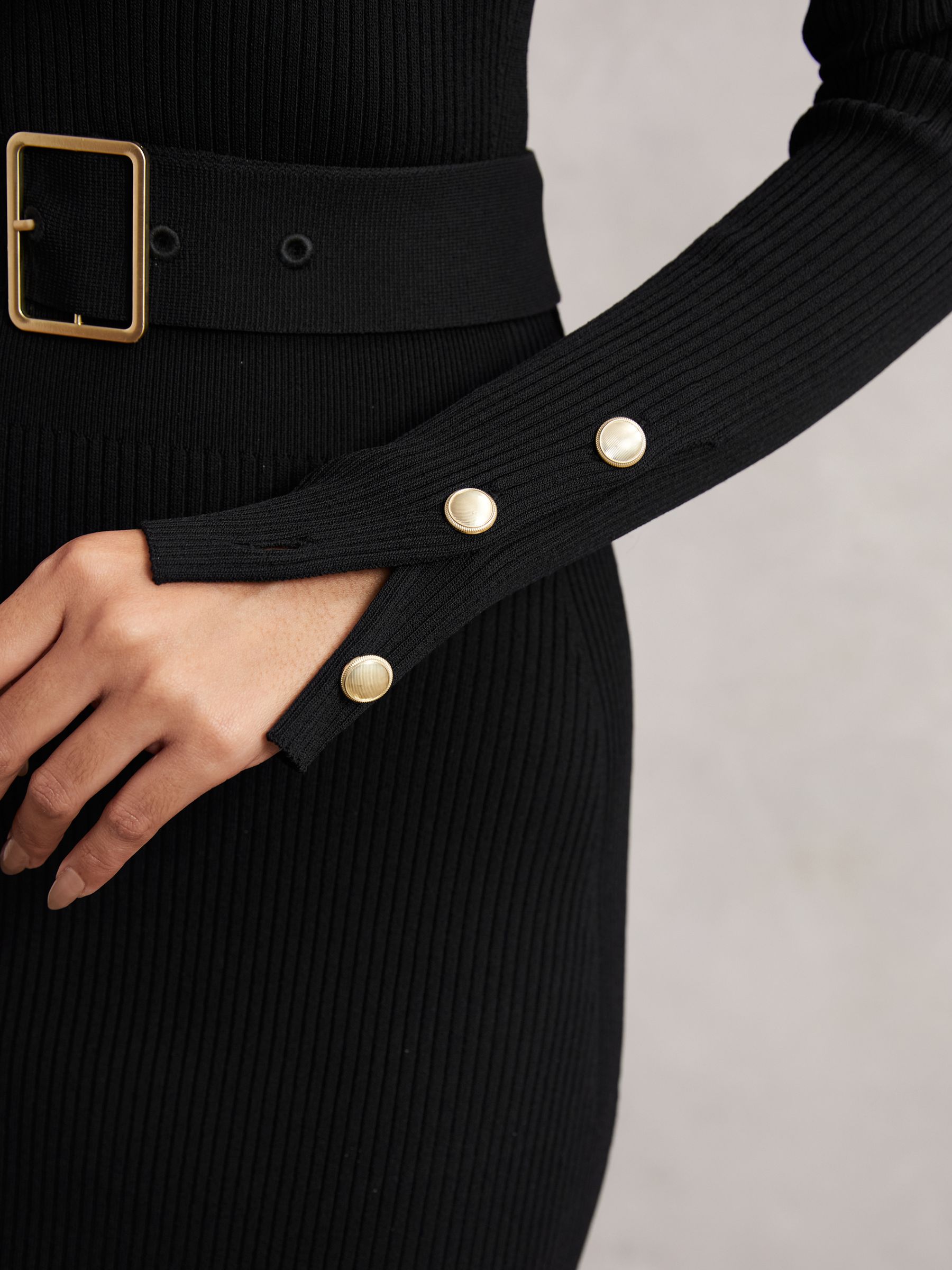 Reiss - Black Buttoned Rib-knit Midi Dress, L