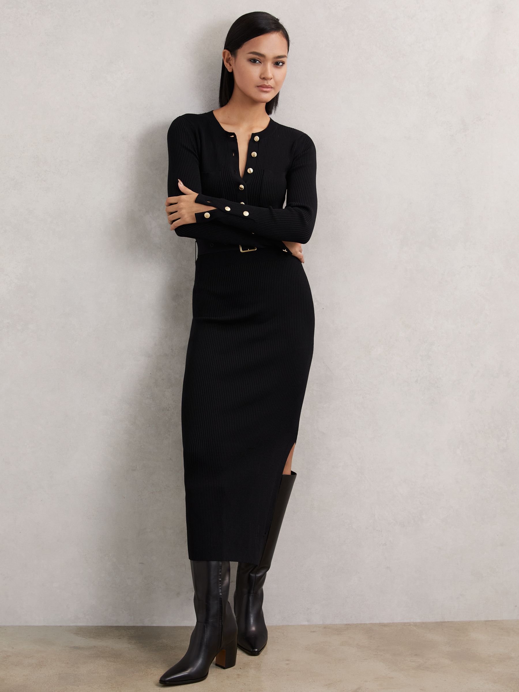 Buttoned Rib-Knit Midi Dress in Black - image 5