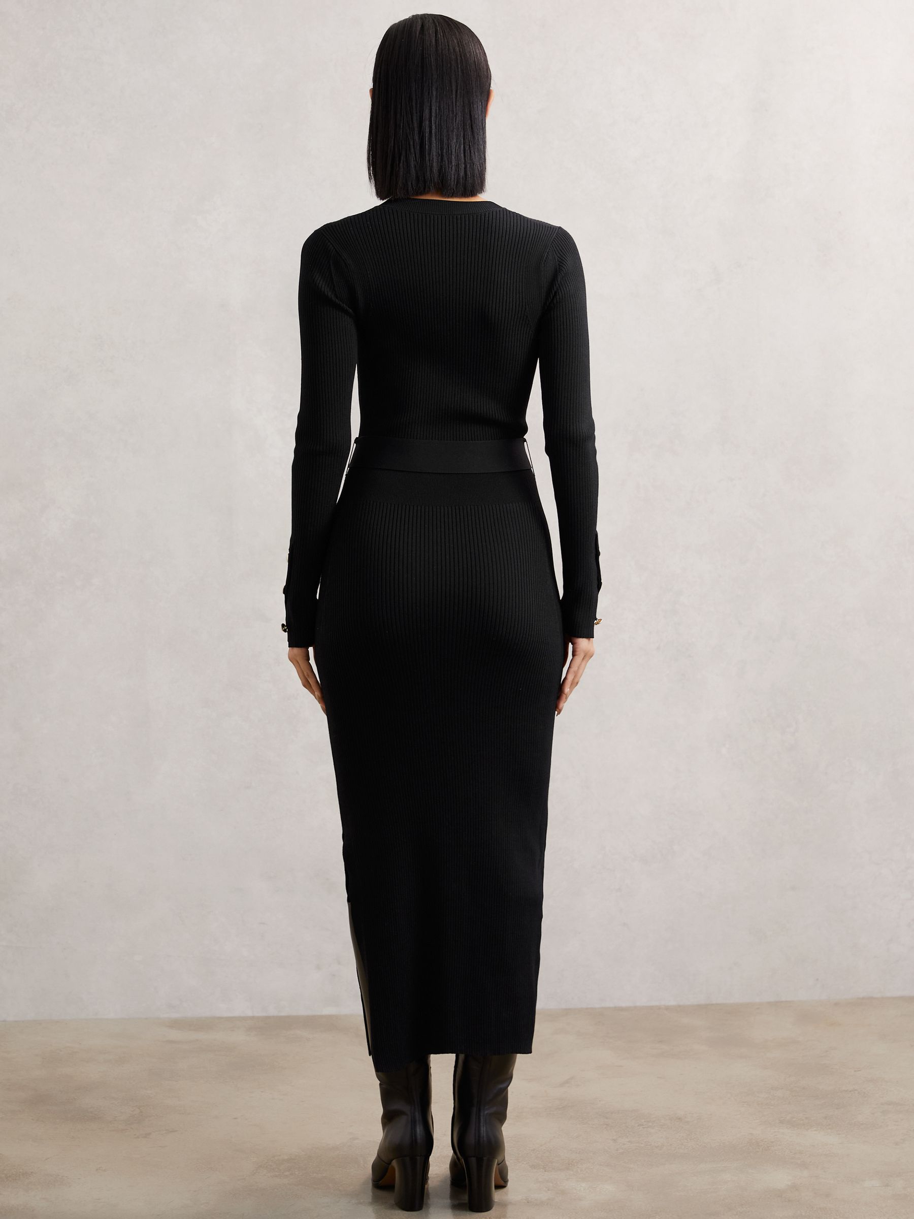 Buttoned Rib-Knit Midi Dress in Black - image 4