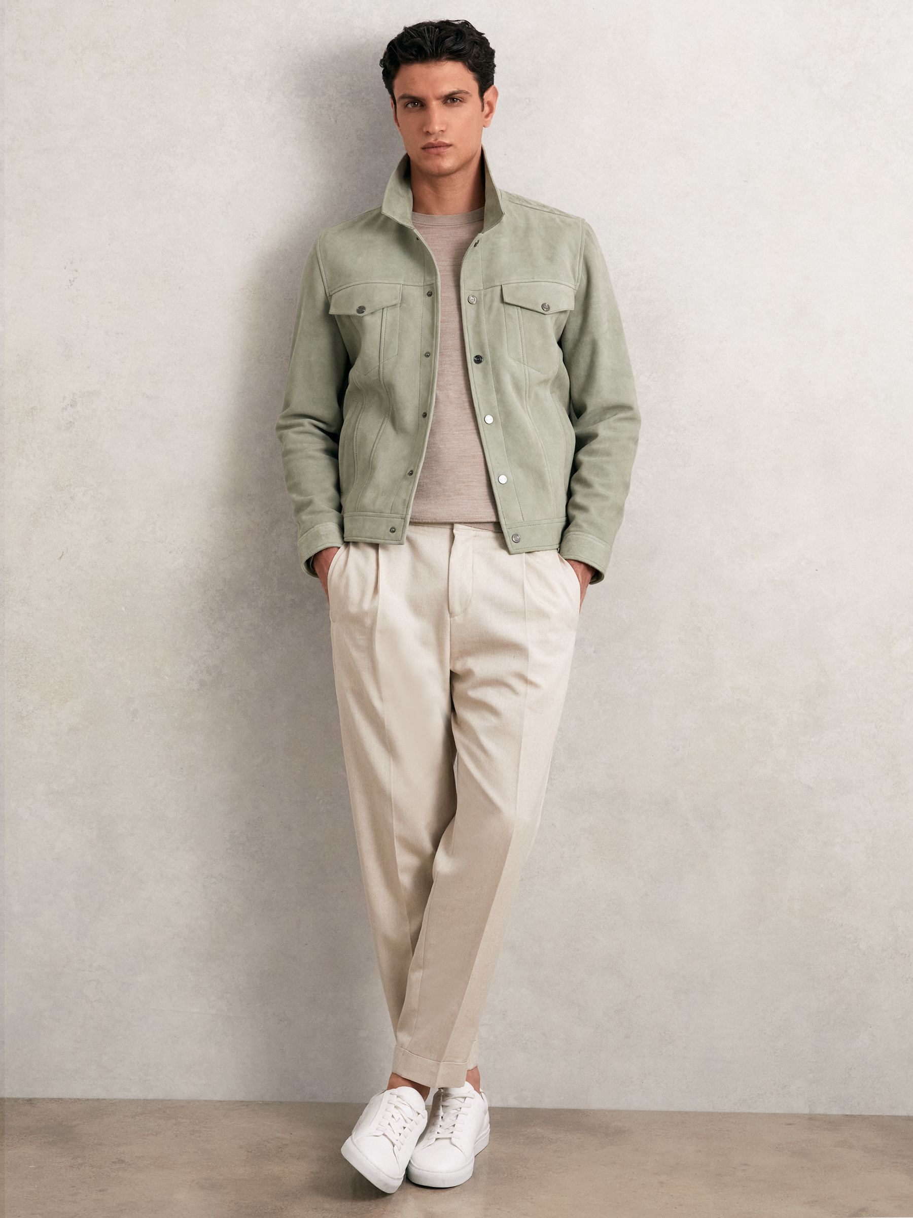 Suede Press Stud Trucker Jacket in Pistachio Green - Image 1 of 7