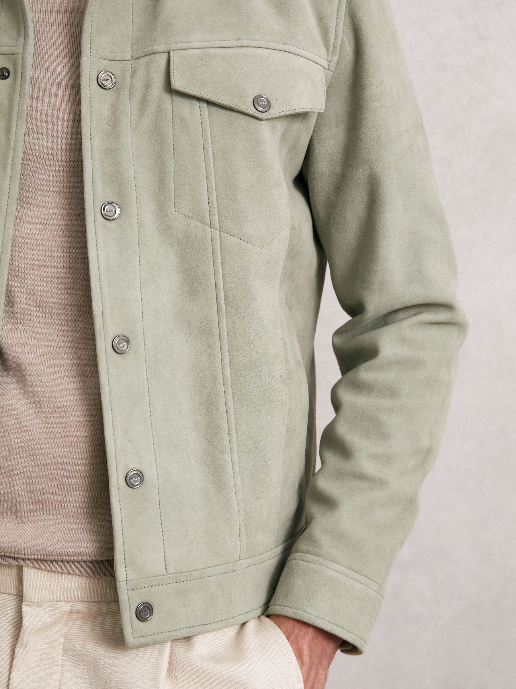 Suede Press Stud Trucker Jacket in Pistachio Green - Image 3 of 7
