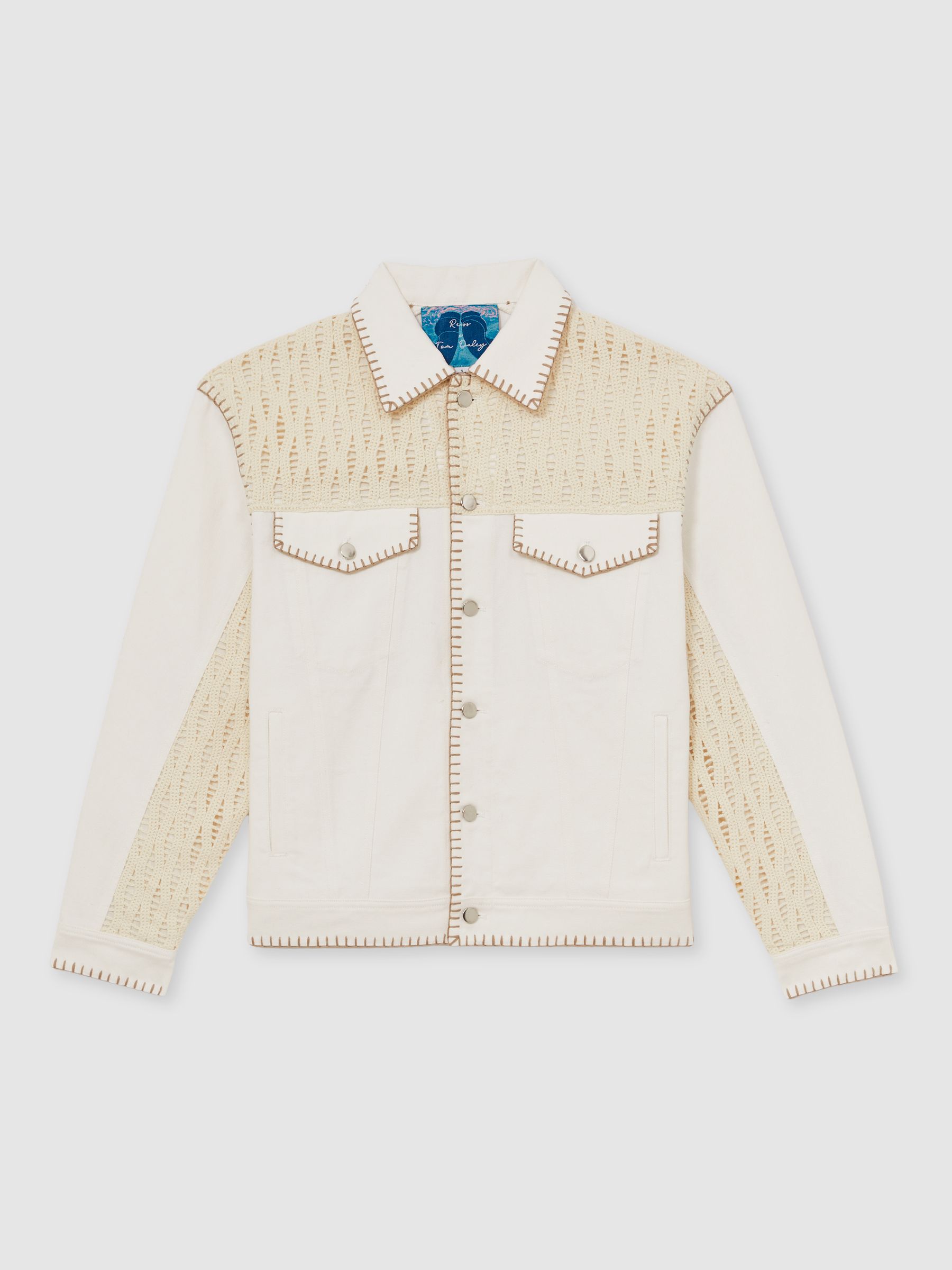 Reiss | Tom Daley Crochet Denim Jacket in Off White - Image 2 of 5