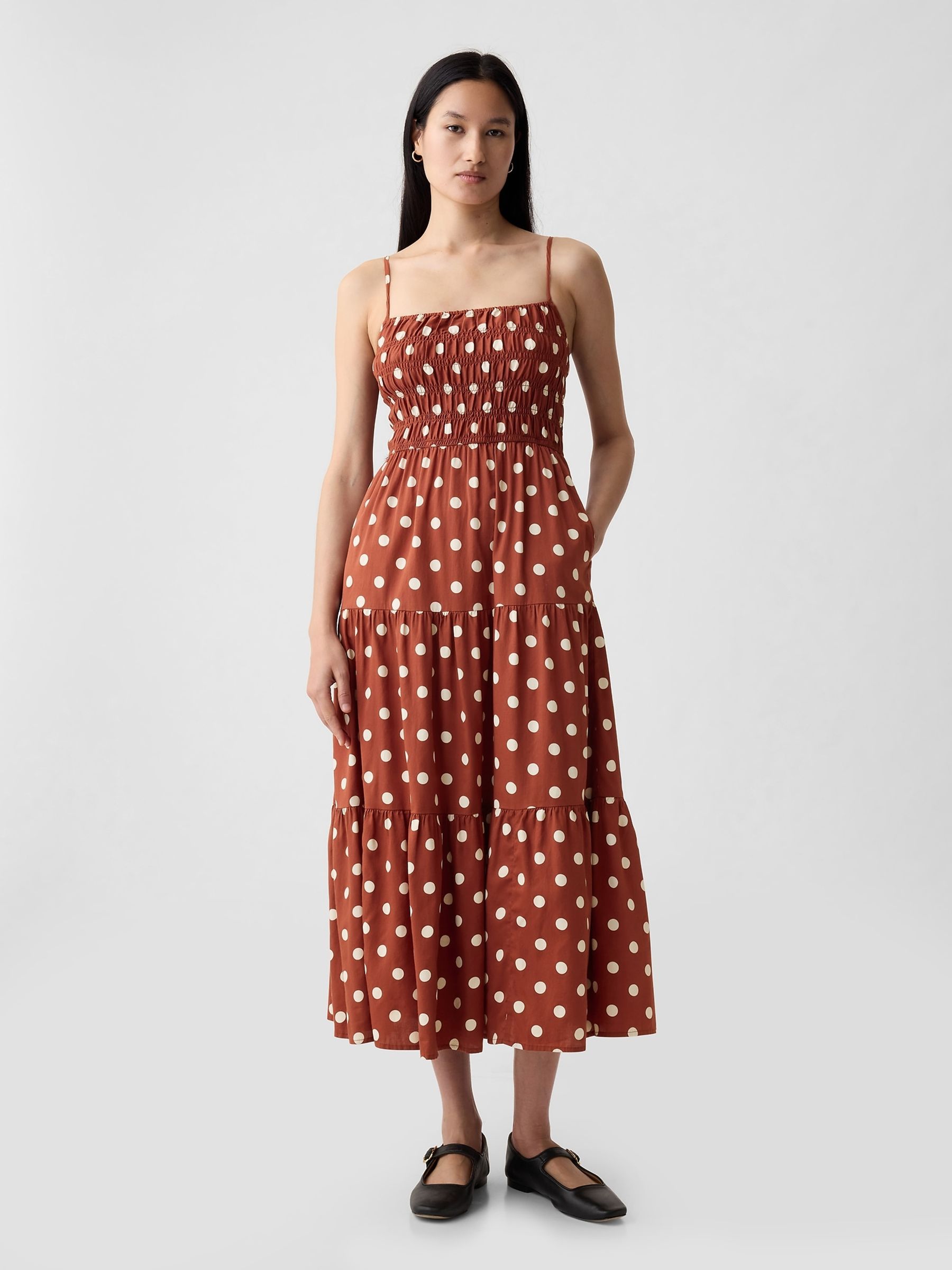 Brown Cotton Smocked Tiered Midi Dress - Image 1 of 5