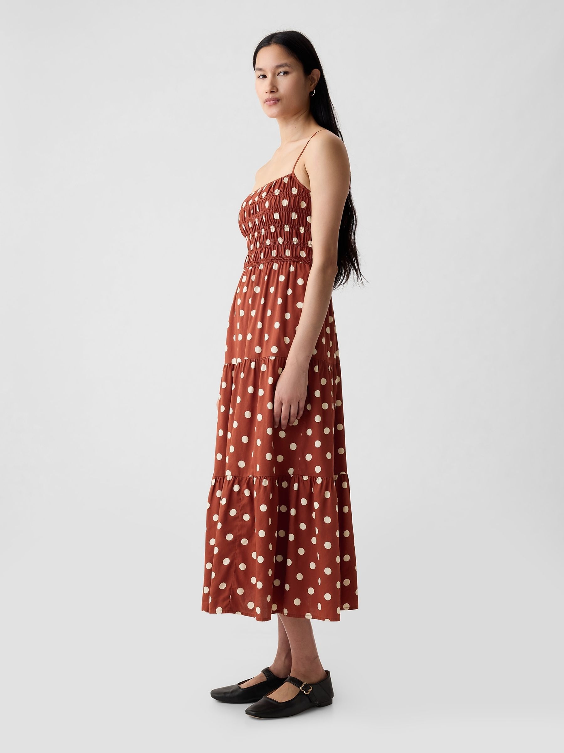 Brown Cotton Smocked Tiered Midi Dress - Image 3 of 5