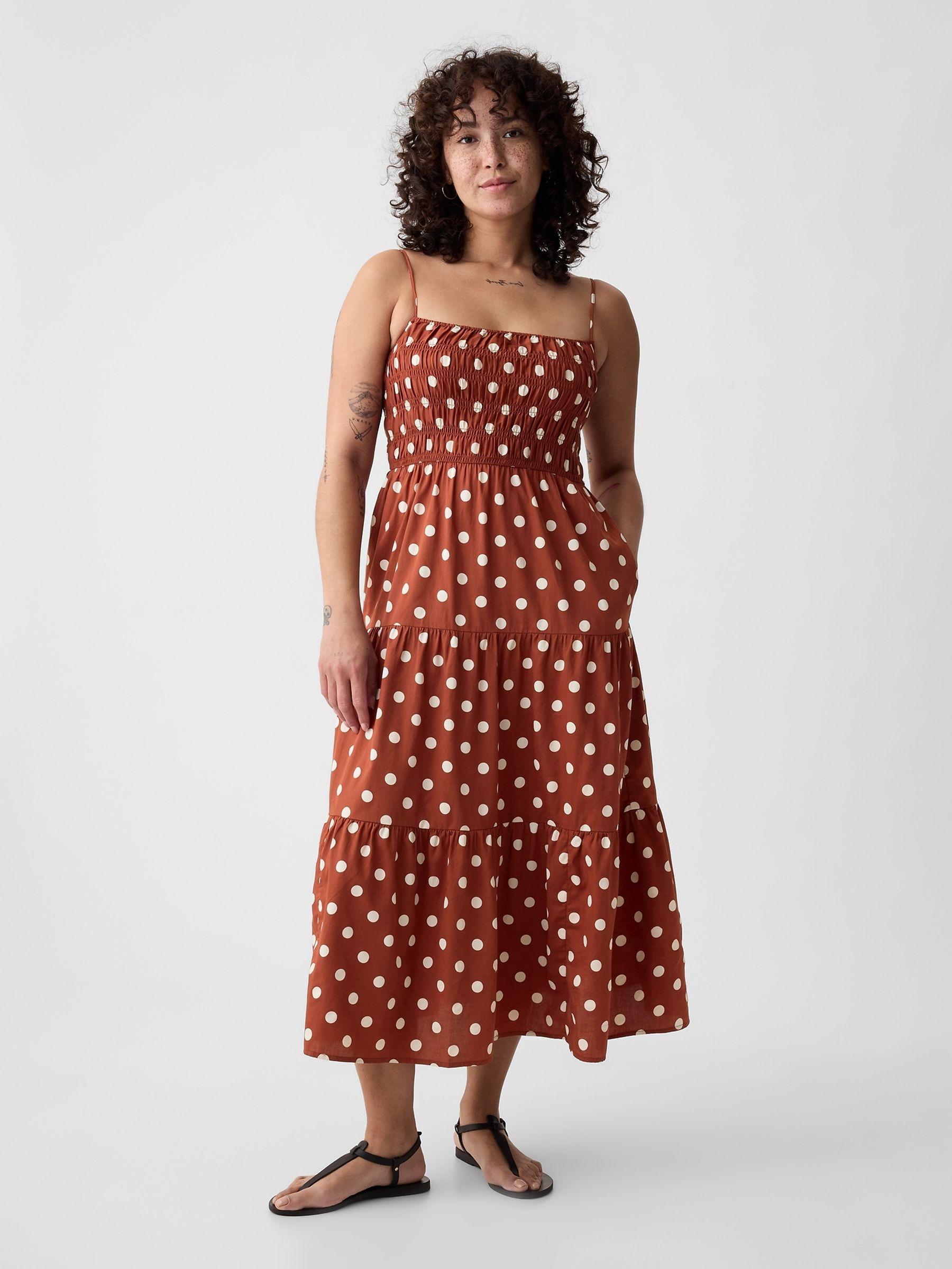 Brown Cotton Smocked Tiered Midi Dress - Image 4 of 5
