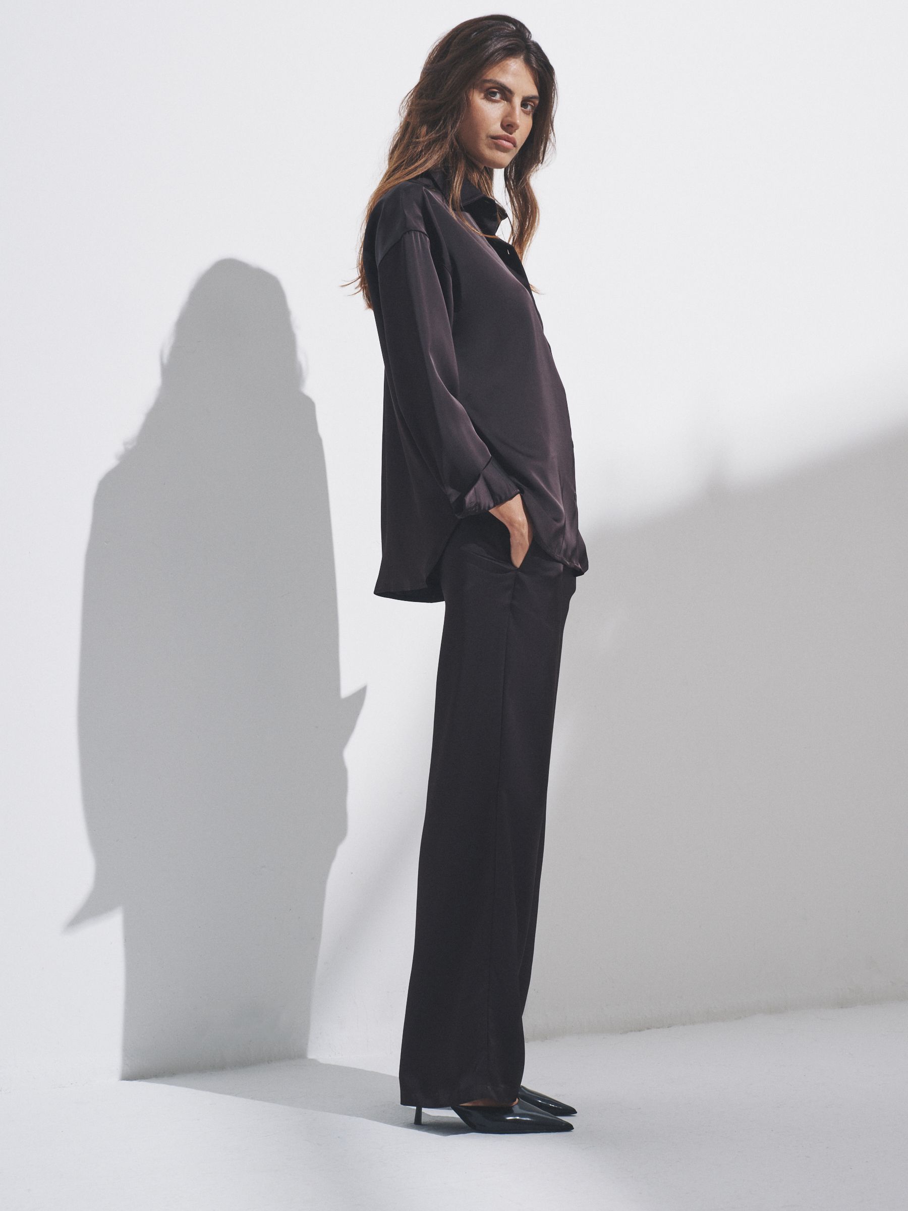 Chocolate Brown - Satin Shirt and Trousers Co-Ord - Image 1 of 6