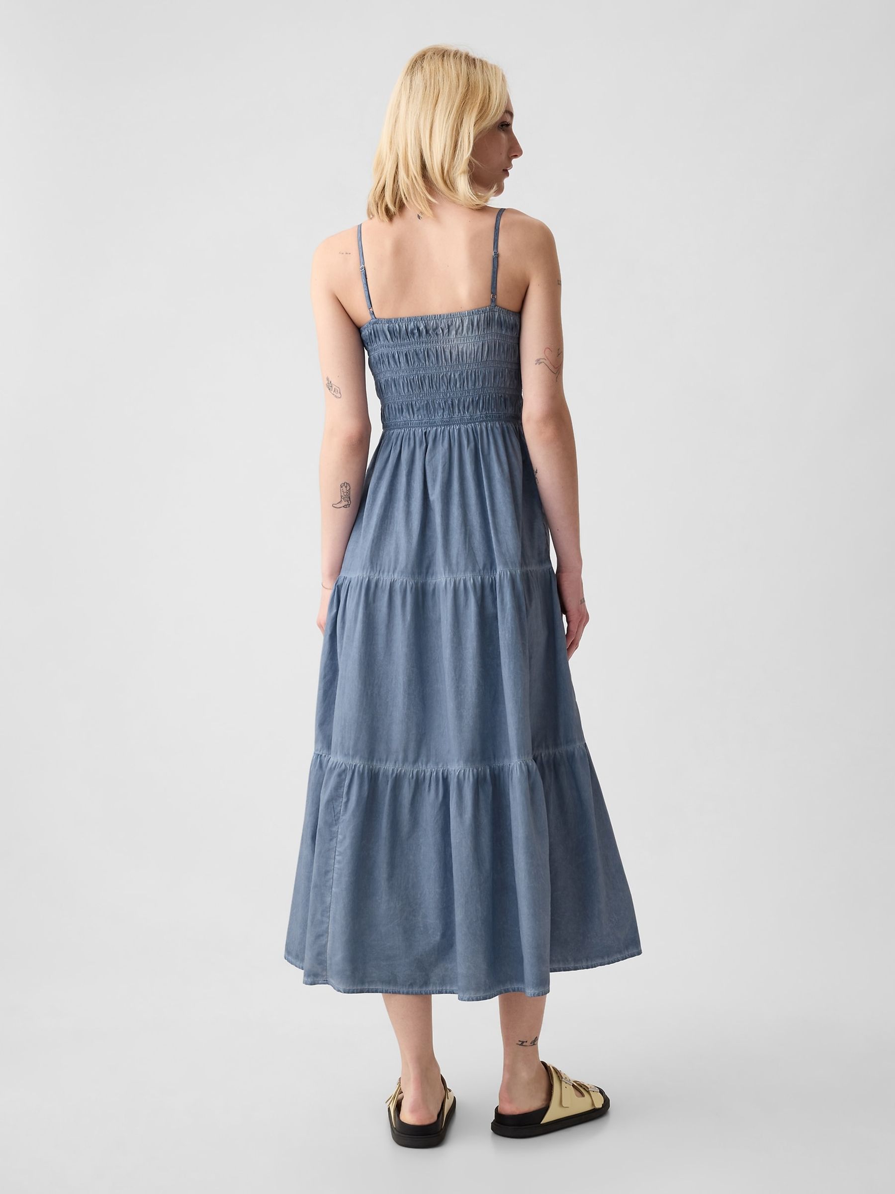 Blue Cotton Smocked Tiered Midi Dress - Image 2 of 4