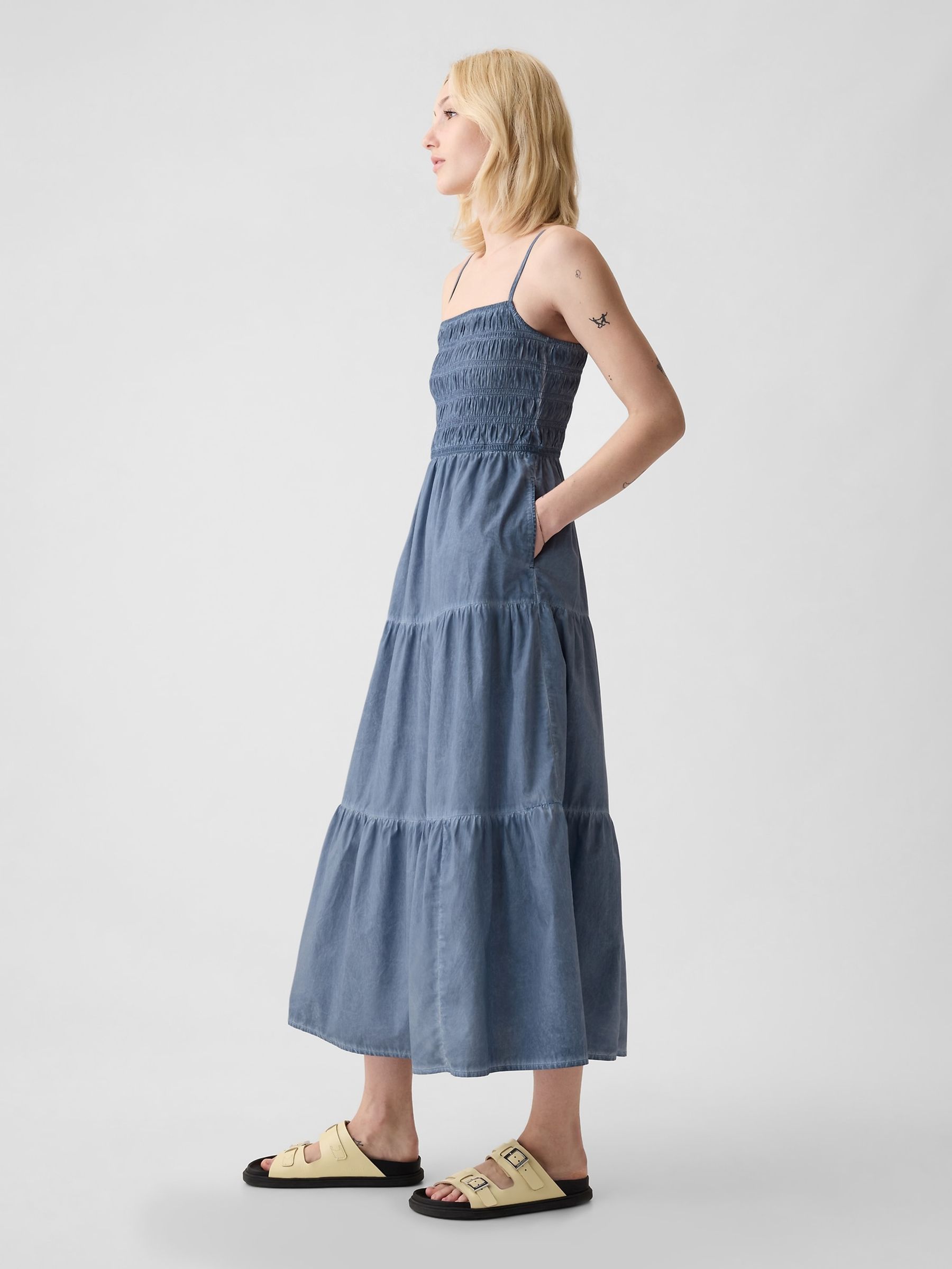Blue Cotton Smocked Tiered Midi Dress - Image 3 of 4