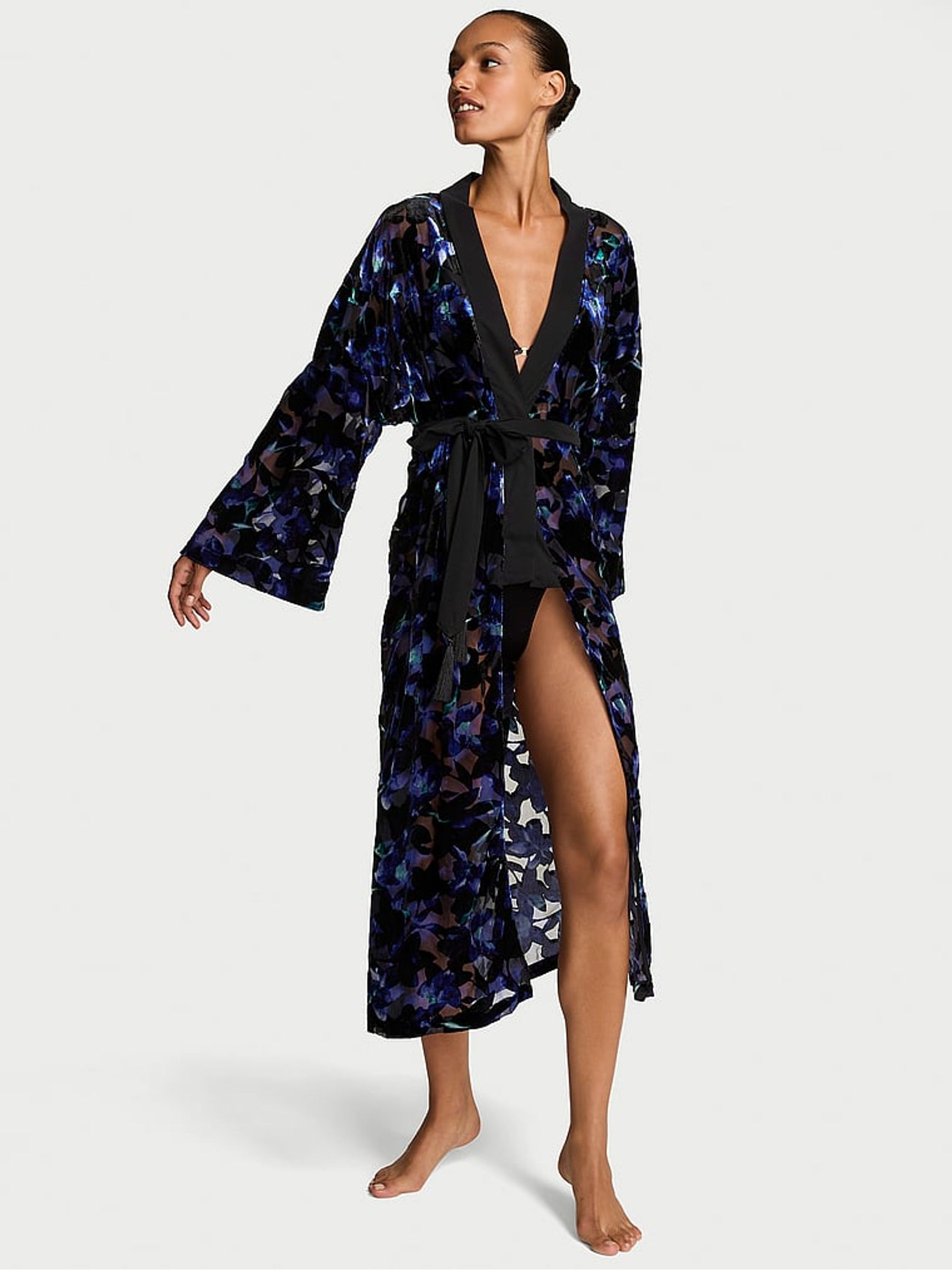 Electric Blue Orchid Burnout Velvet Long Robe - Image 1 of 3