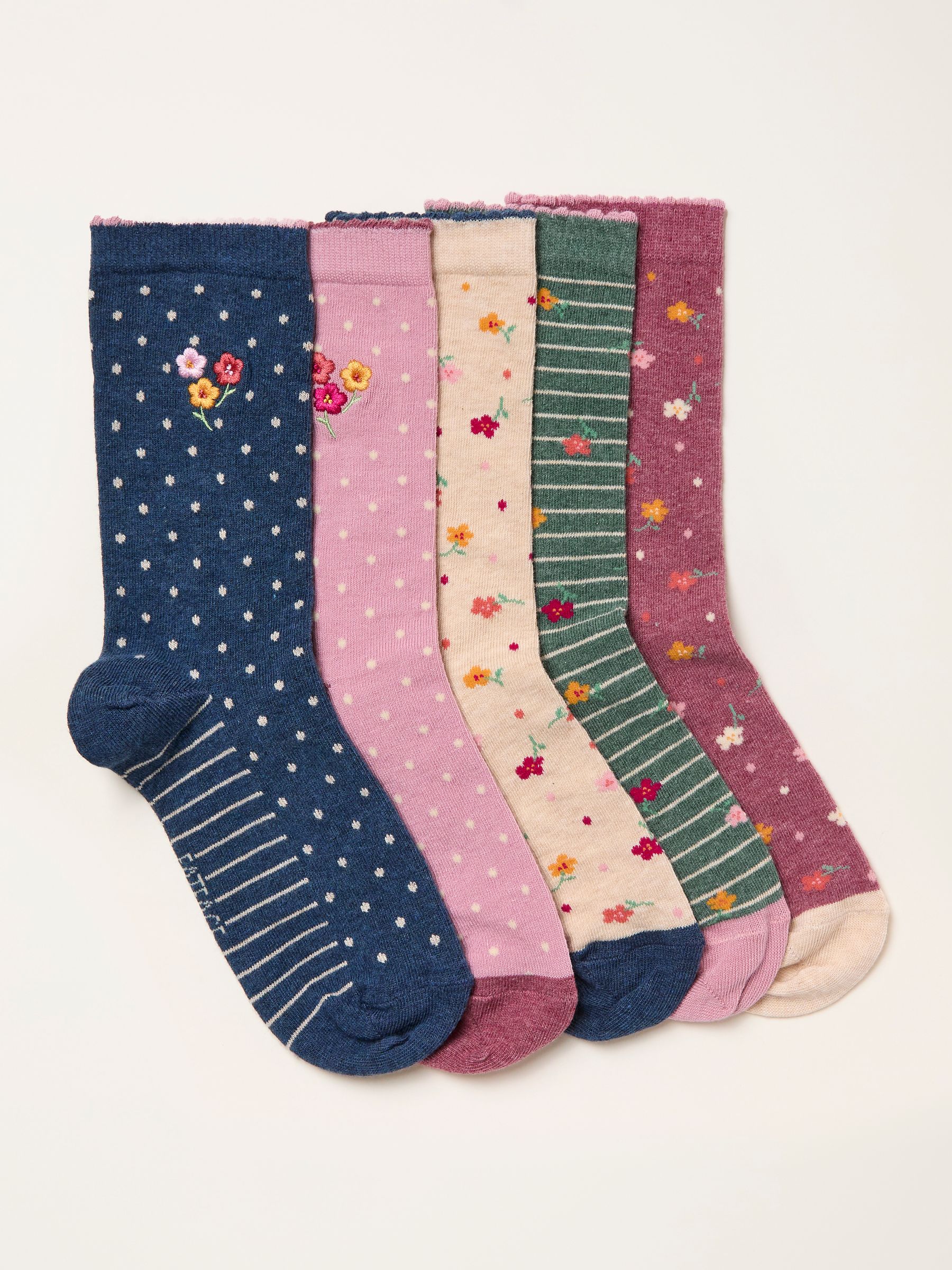 Navy Blue 5 pairs of Floral Stripe Socks - Image 1 of 2 Navy Blue 5 pairs of Floral Stripe Socks - Image 1 of 2