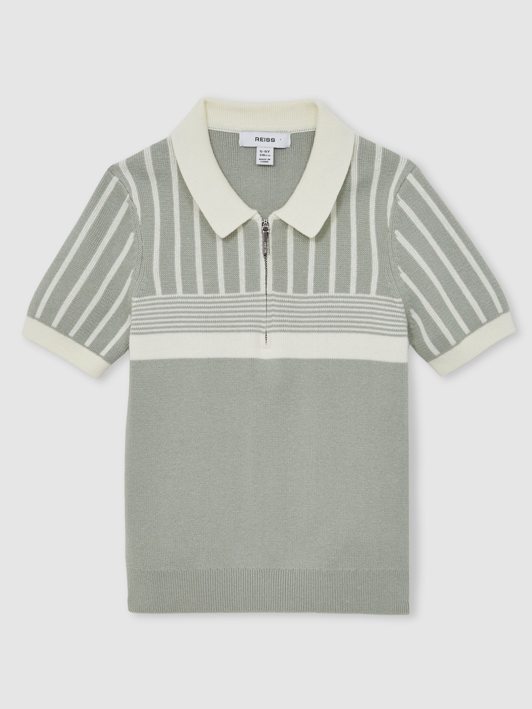 3-9 yrs Cotton Stripe Knit Half-Zip Polo Shirt in Sage Green/Off White - Image 2 of 4
