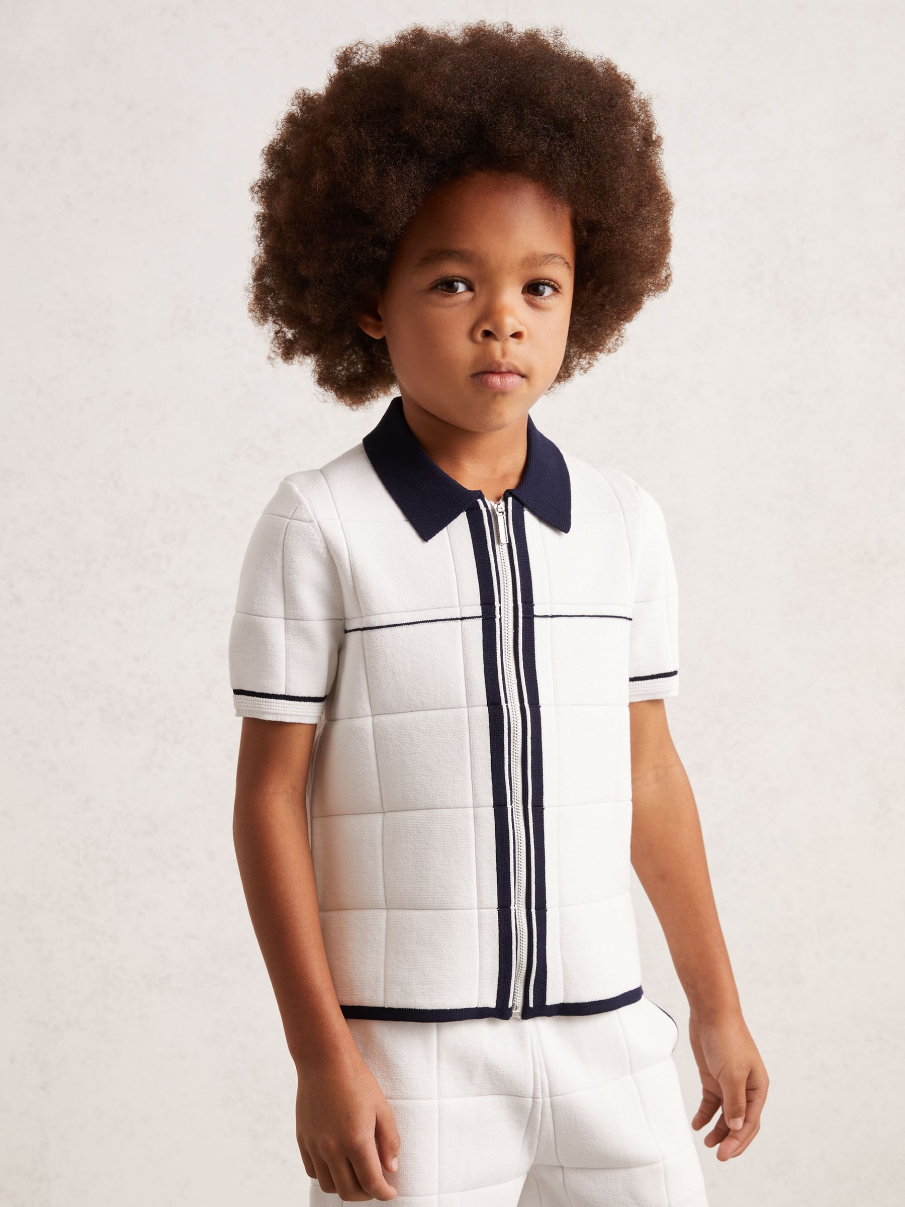 9-13 yrs Tipped Knit Zip-Through Shirt in White/Navy - Image 1 of 4
