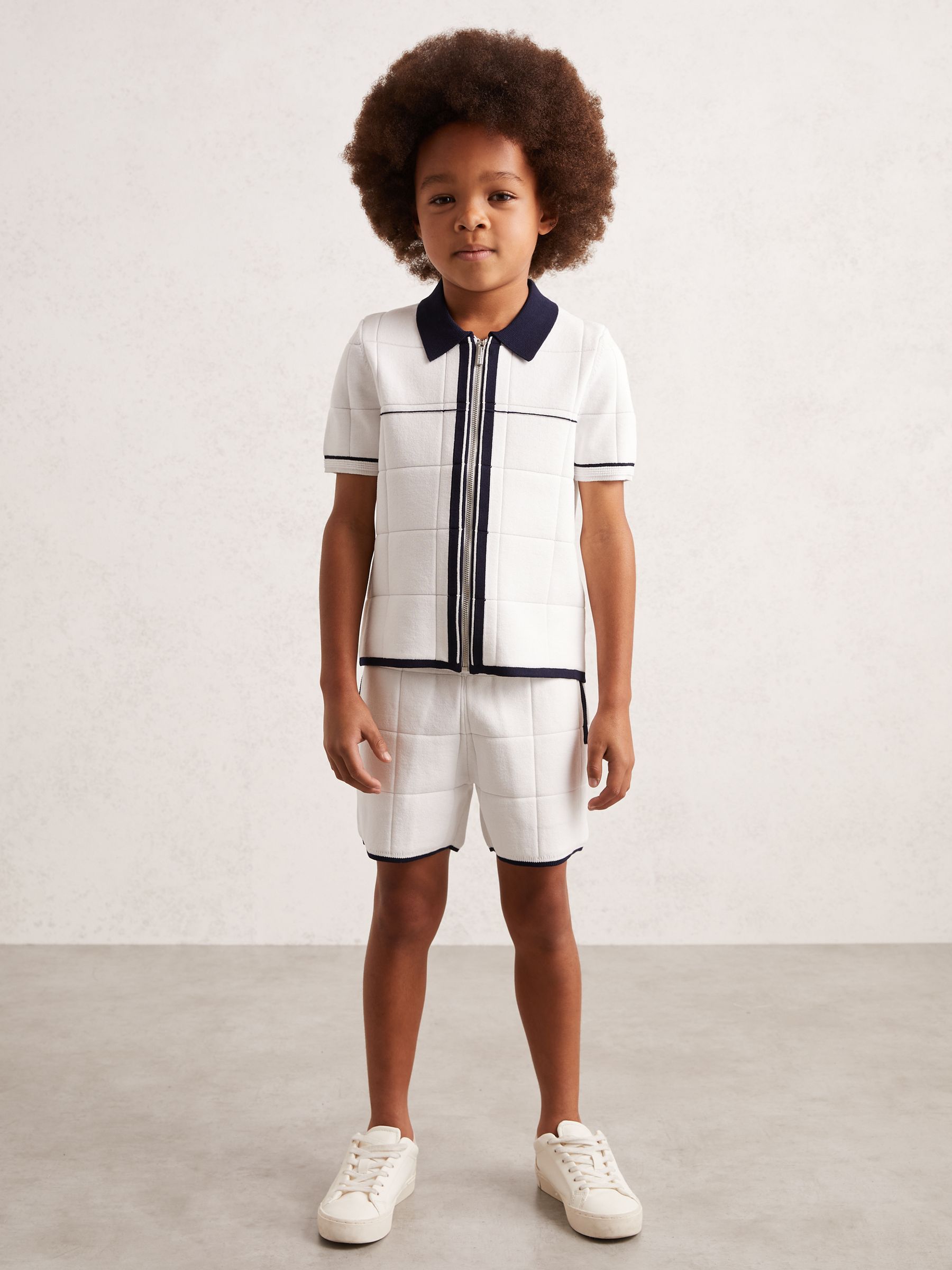 9-13 yrs Tipped Knit Zip-Through Shirt in White/Navy - Image 2 of 4