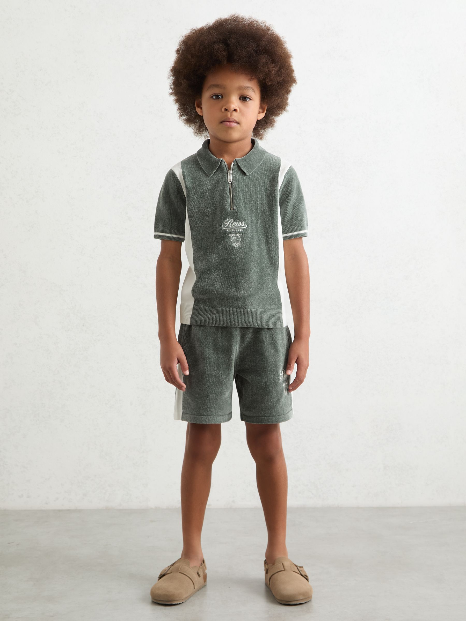 3-9 yrs Chenille Tipped Motor Cars Shorts in Dark Sage Green/White - Image 1 of 4 3-9 yrs Chenille Tipped Motor Cars Shorts in Dark Sage Green/White - Image 1 of 4