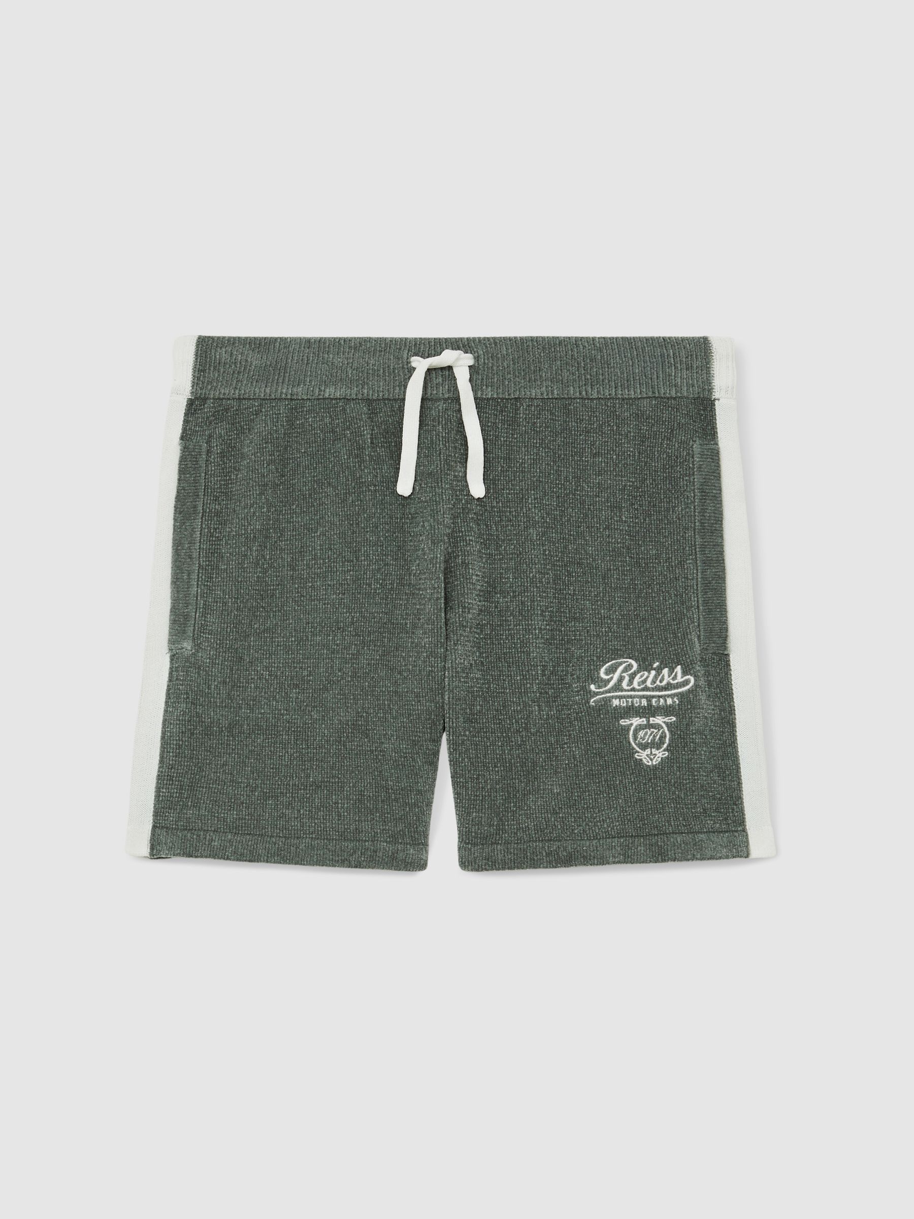 3-9 yrs Chenille Tipped Motor Cars Shorts in Dark Sage Green/White - Image 2 of 4