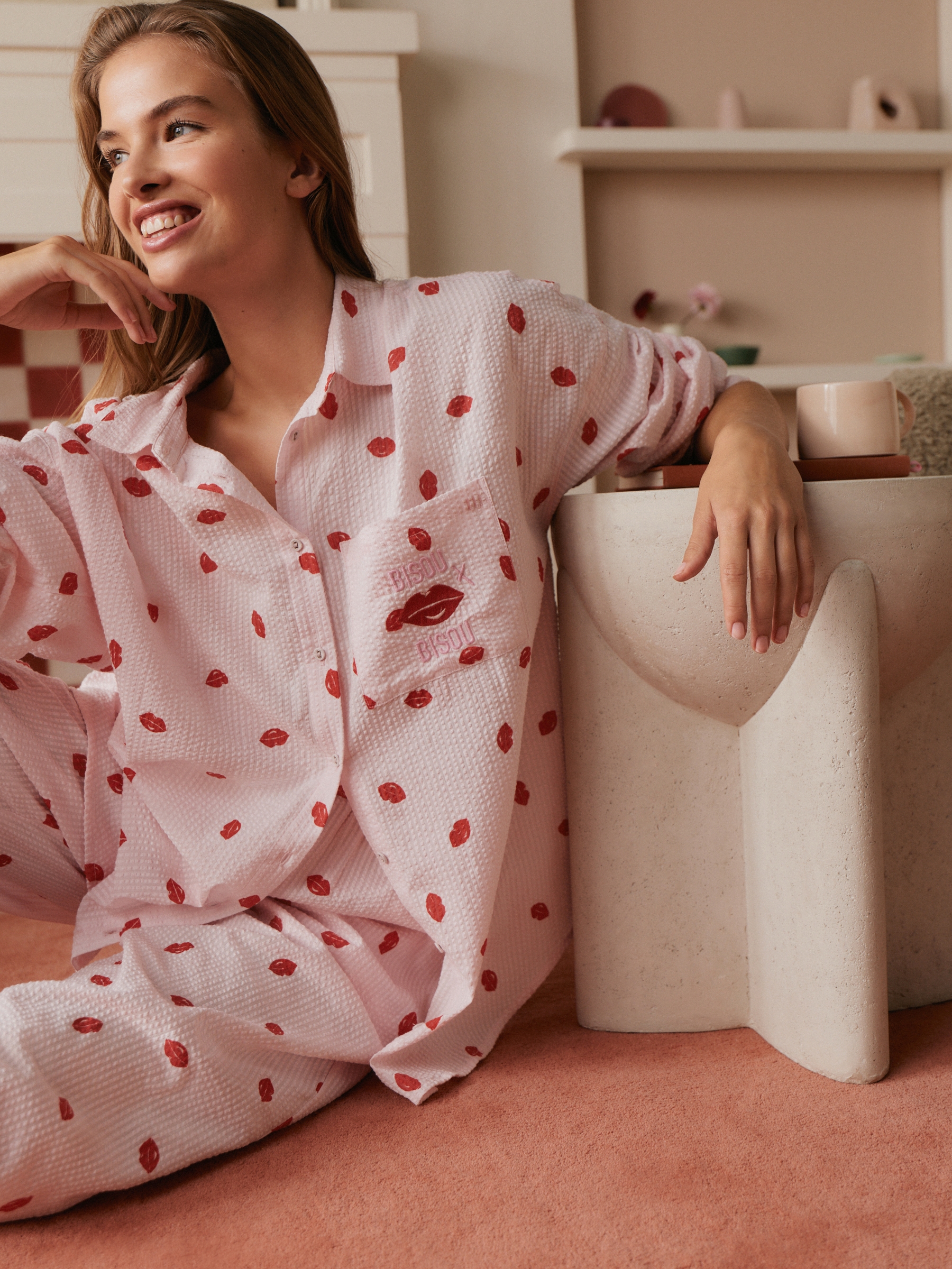 Pink/Red All Over Lips Button Through Cotton Pyjamas Set - Image 3 of 5