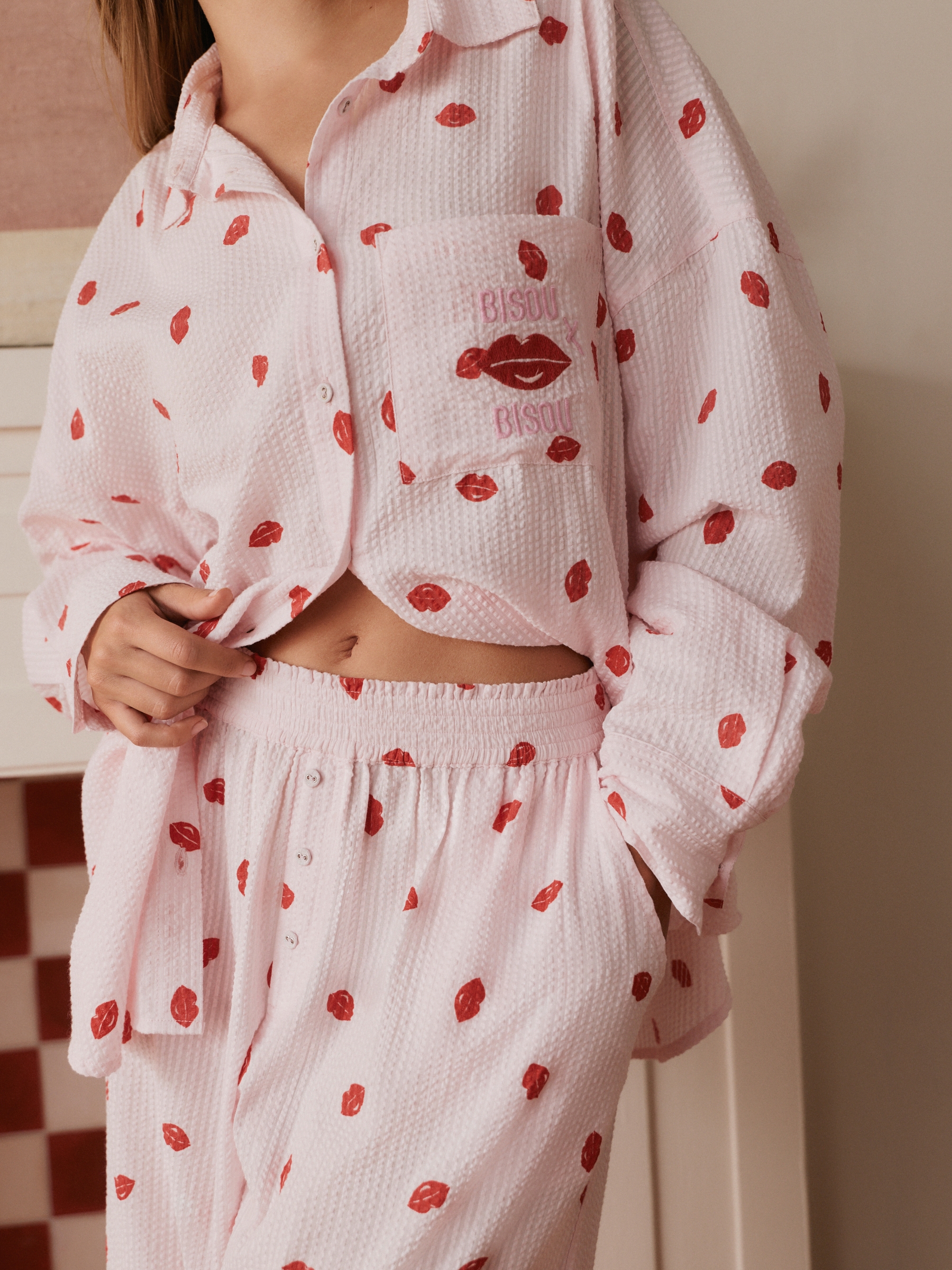 Pink/Red All Over Lips Button Through Cotton Pyjamas Set - Image 5 of 5