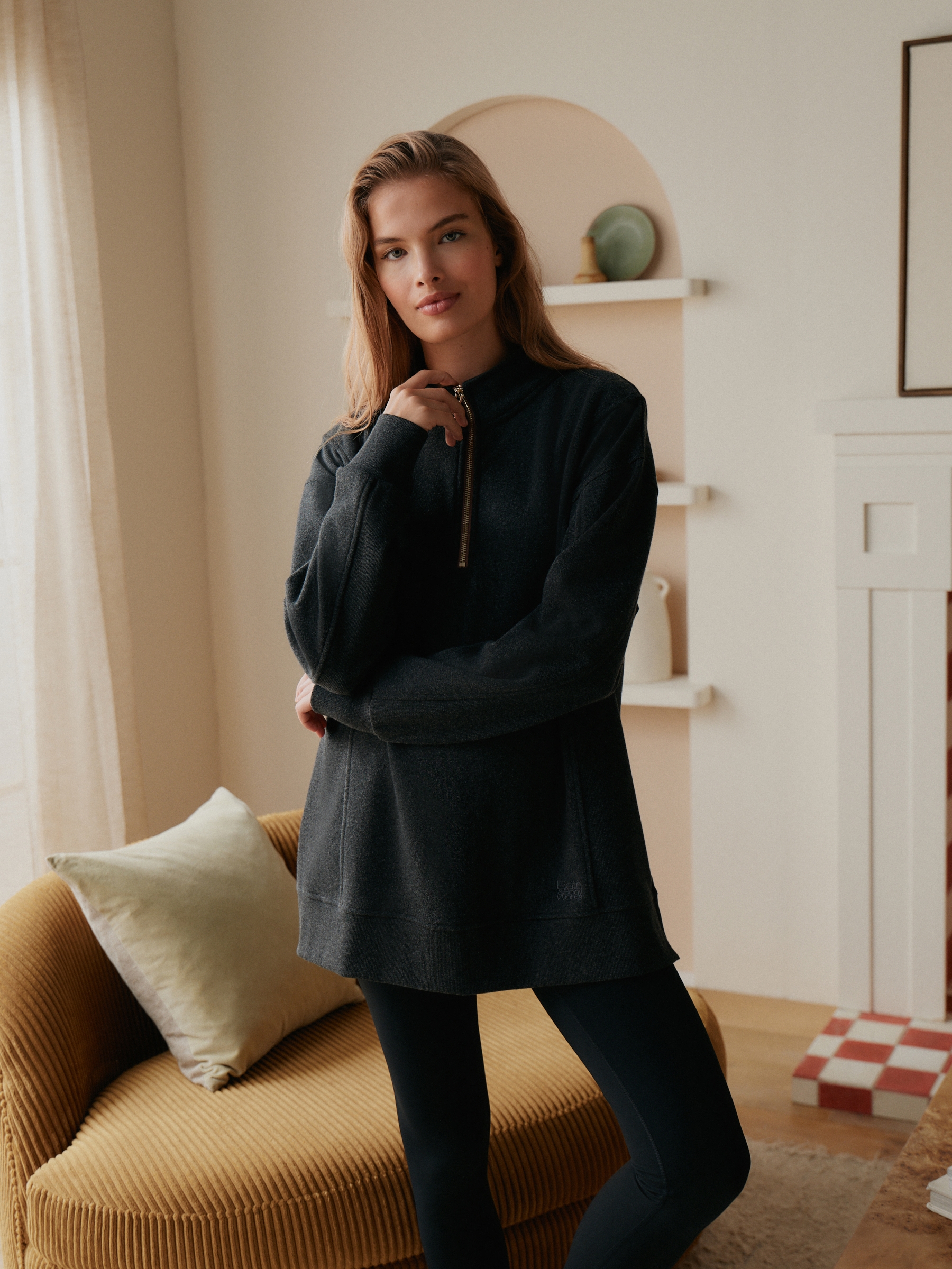 Charcoal Grey Quarter Zip Long Line Sweat Top - Image 2 of 6