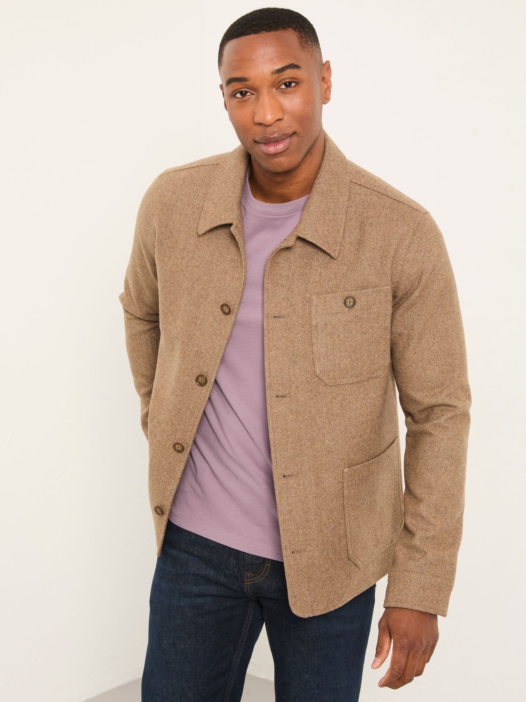 Light Brown Herringbone Worker Jacket - Image 1 of 7 Light Brown Herringbone Worker Jacket - Image 1 of 7