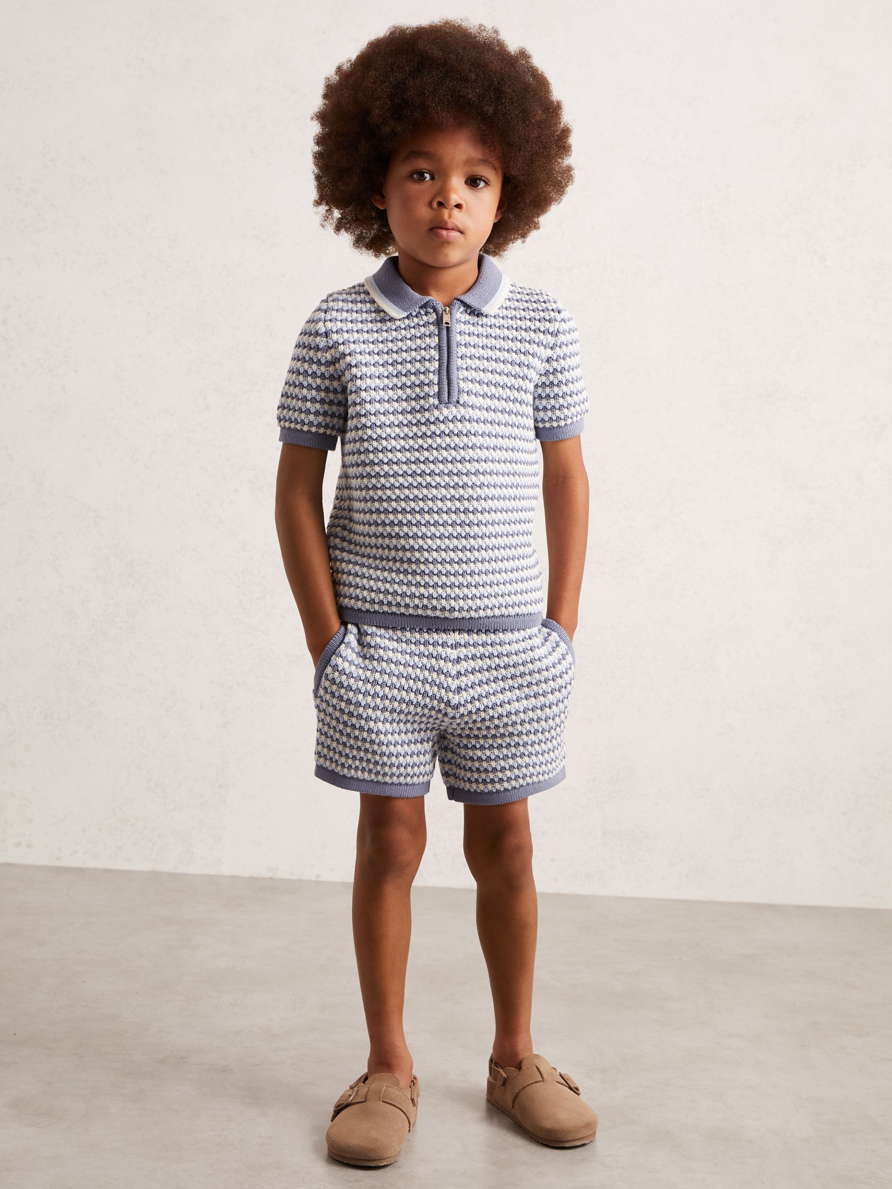 3-9 yrs Knitted Stripe Half-Zip Polo Shirt in Blue/White - Image 1 of 4