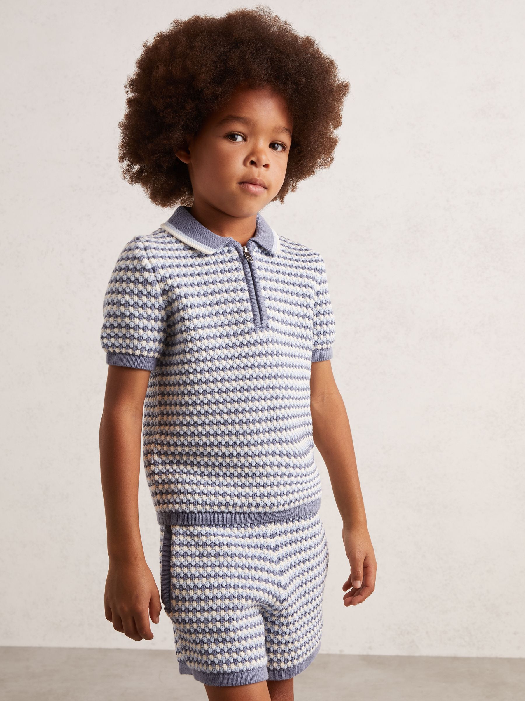 3-9 yrs Knitted Stripe Half-Zip Polo Shirt in Blue/White - Image 3 of 4