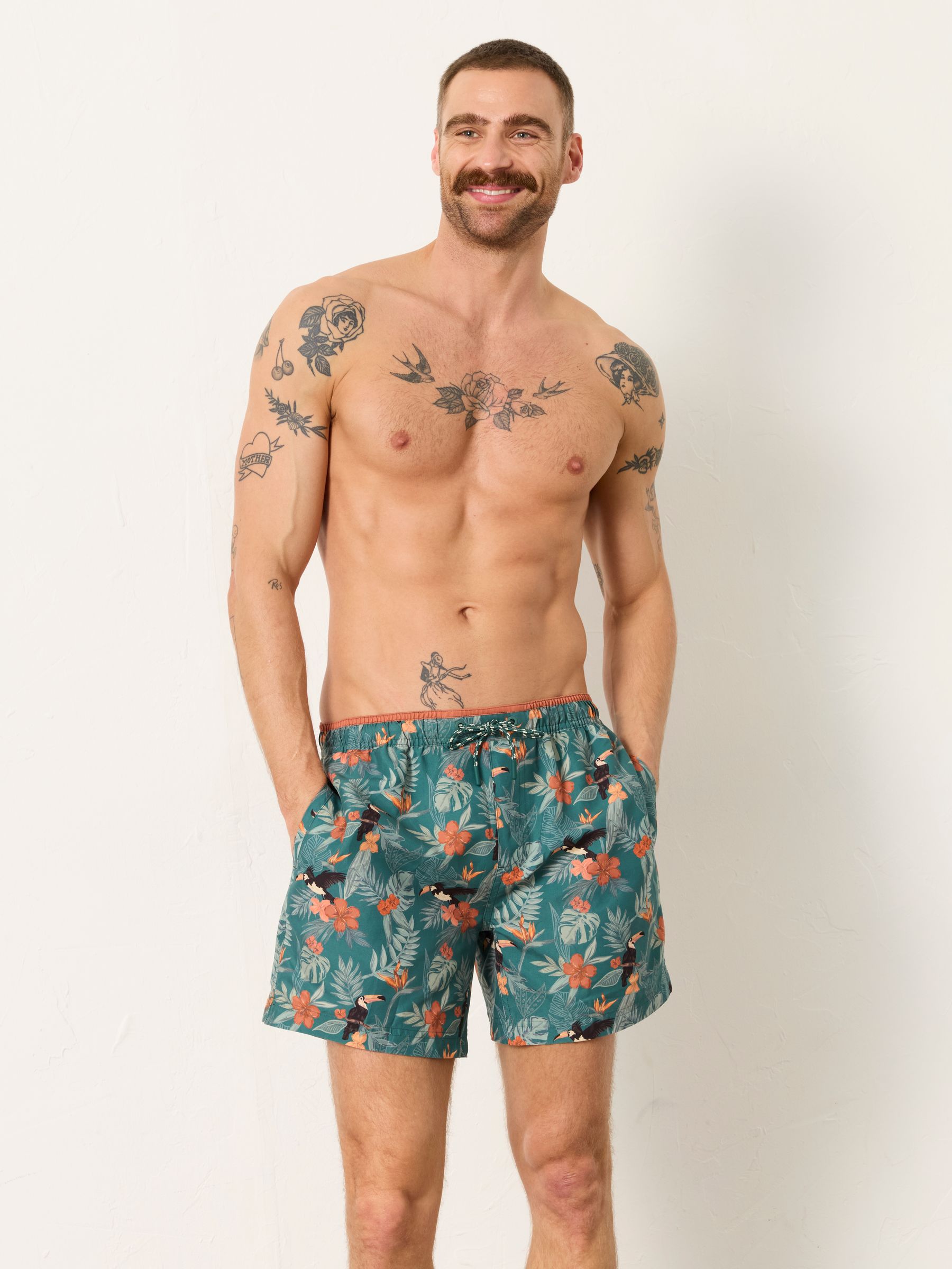 Tresvose Teal Blue Toucan Print Swim Shorts | FatFace
