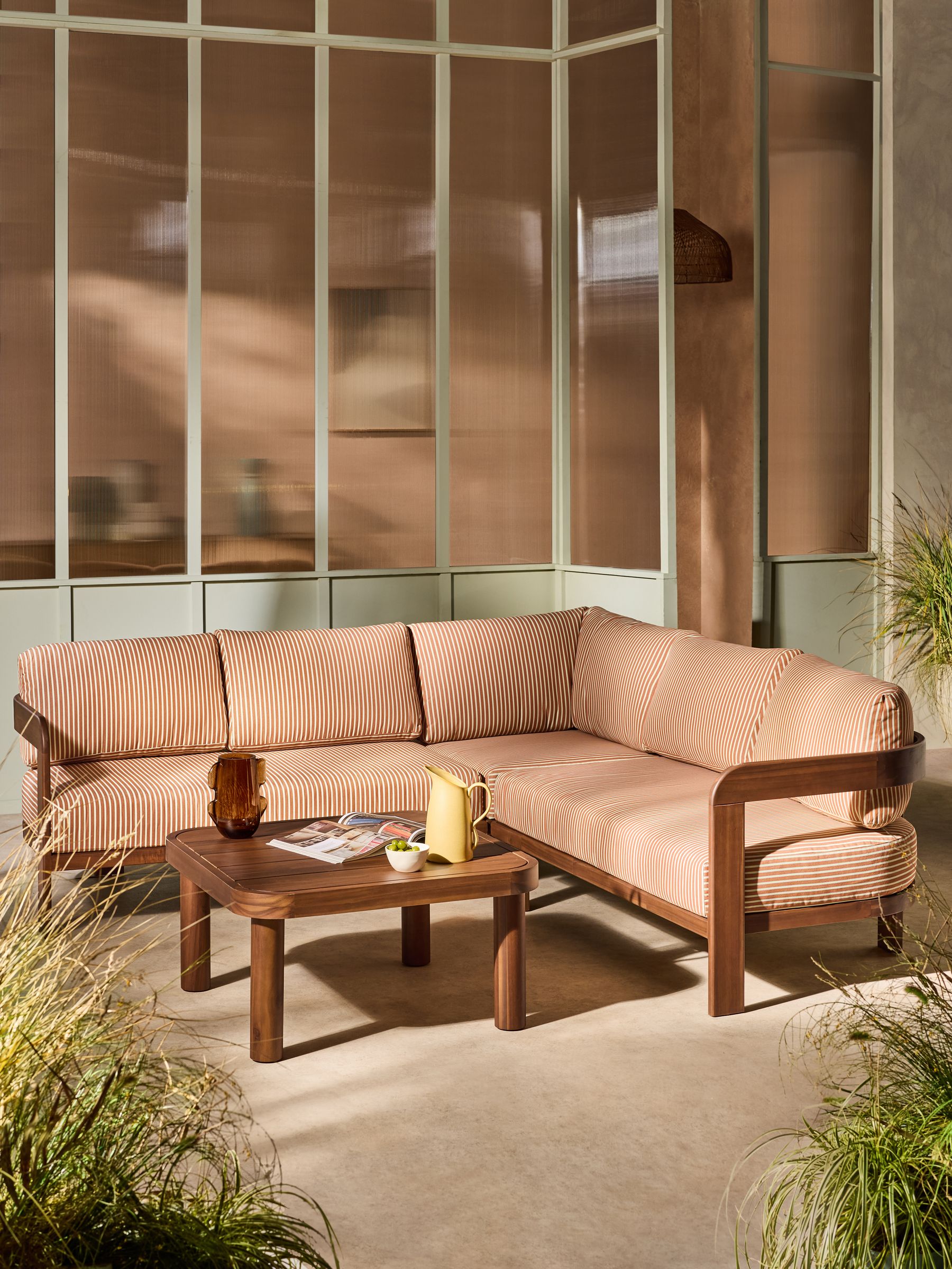 Eliana Garden Corner Lounge Set in Rust and Green Stripe - Image 1 of 5