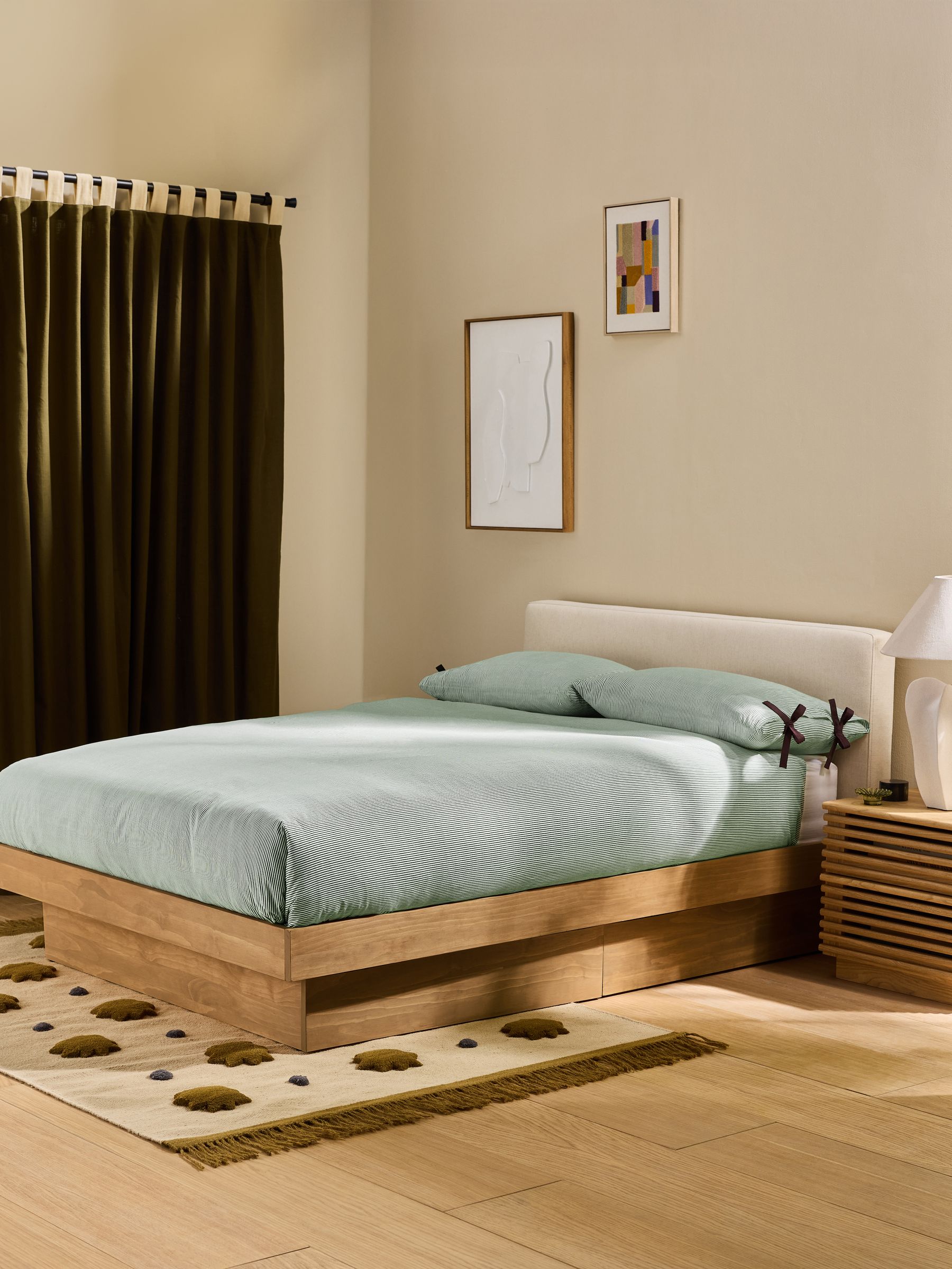 Meiko Upholstered Platform Bed With Drawers in Woven Slub Plain Natural Stone - Image 1 of 4 Meiko Upholstered Platform Bed With Drawers in Woven Slub Plain Natural Stone - Image 1 of 4