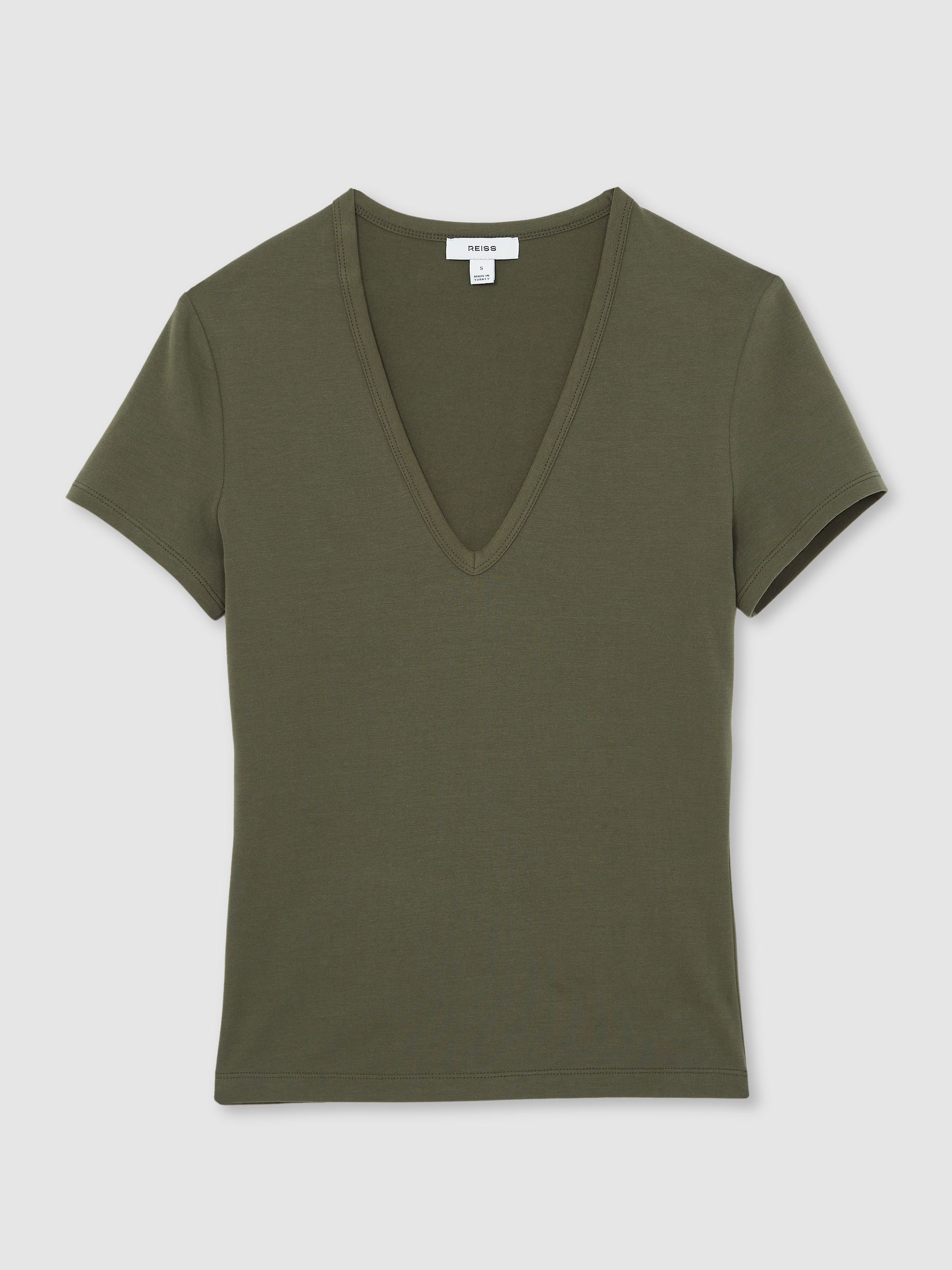 Stretch Cotton V-Neck T-Shirt in Khaki Green - Image 2 of 5