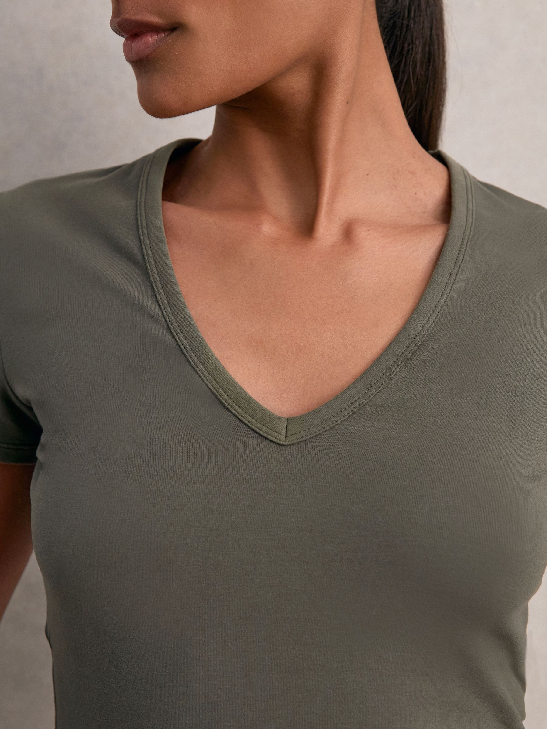Stretch Cotton V-Neck T-Shirt in Khaki Green - Image 3 of 5
