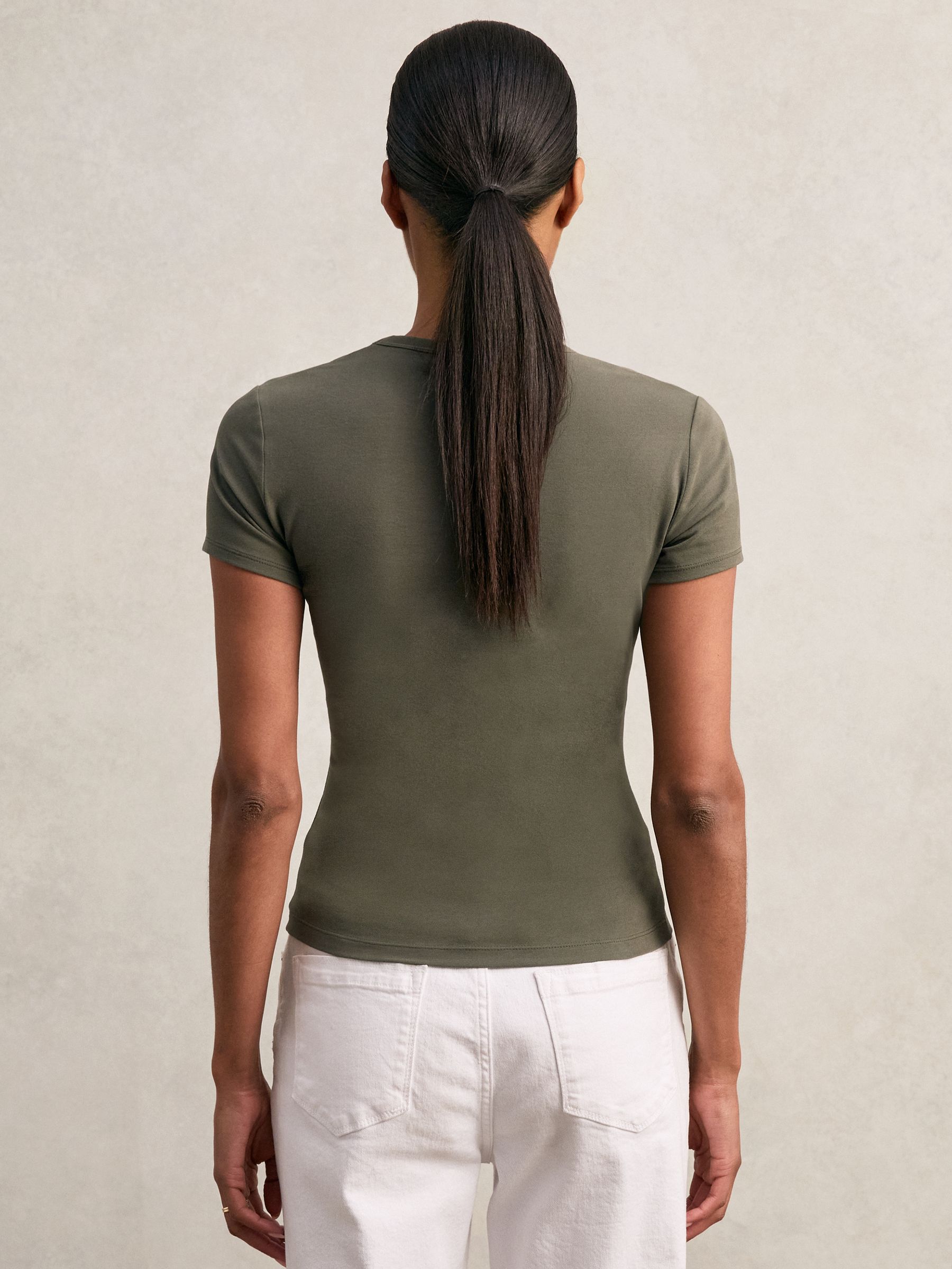 Stretch Cotton V-Neck T-Shirt in Khaki Green - image 4