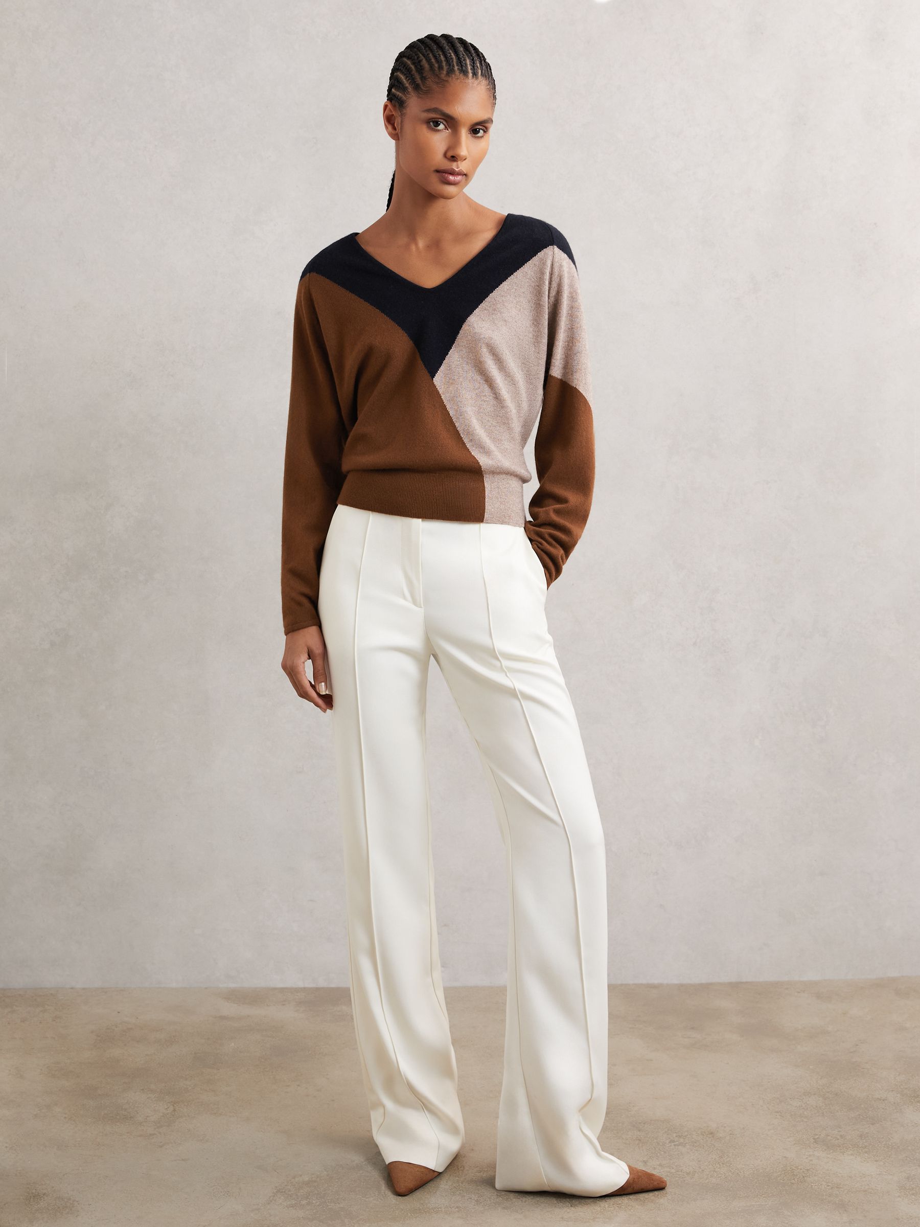Wool-Blend Colourblock Knit Jumper with Cashmere in Toffee Brown/Navy/Neutral - Image 1 of 6