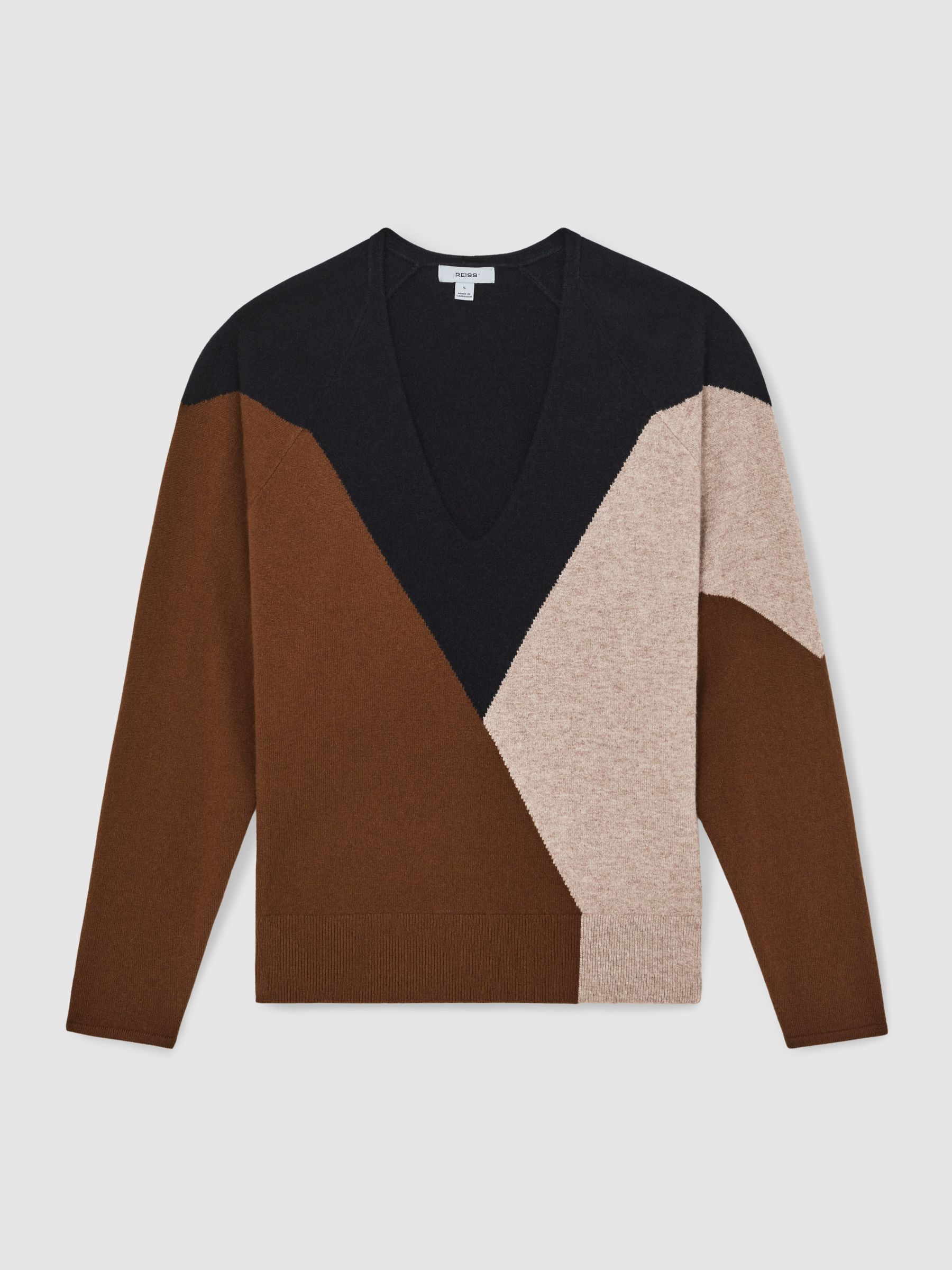 Wool-Blend Colourblock Knit Jumper with Cashmere in Toffee Brown/Navy/Neutral - Image 2 of 6