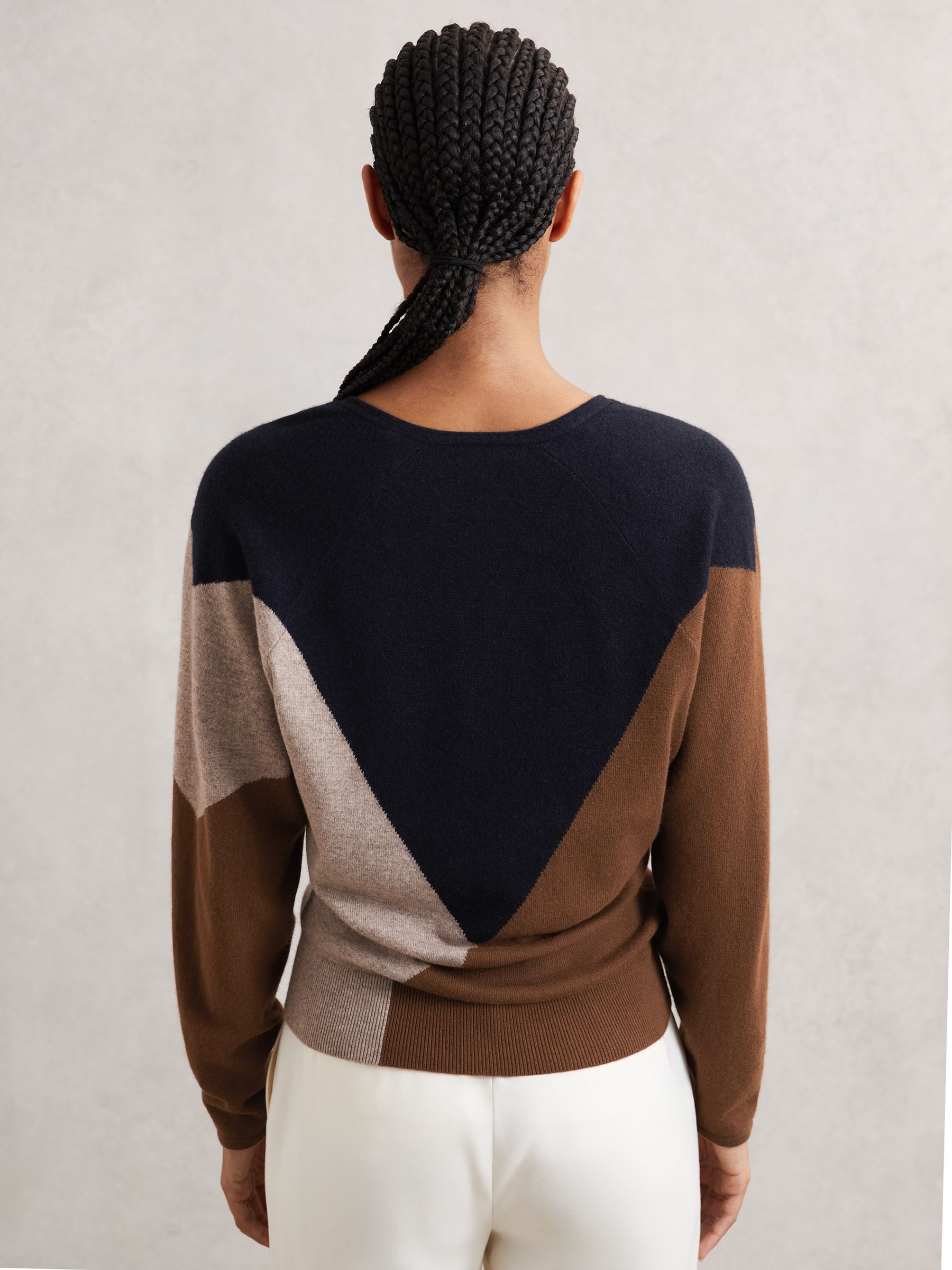 Wool-Blend Colourblock Knit Jumper with Cashmere in Toffee Brown/Navy/Neutral - image 4