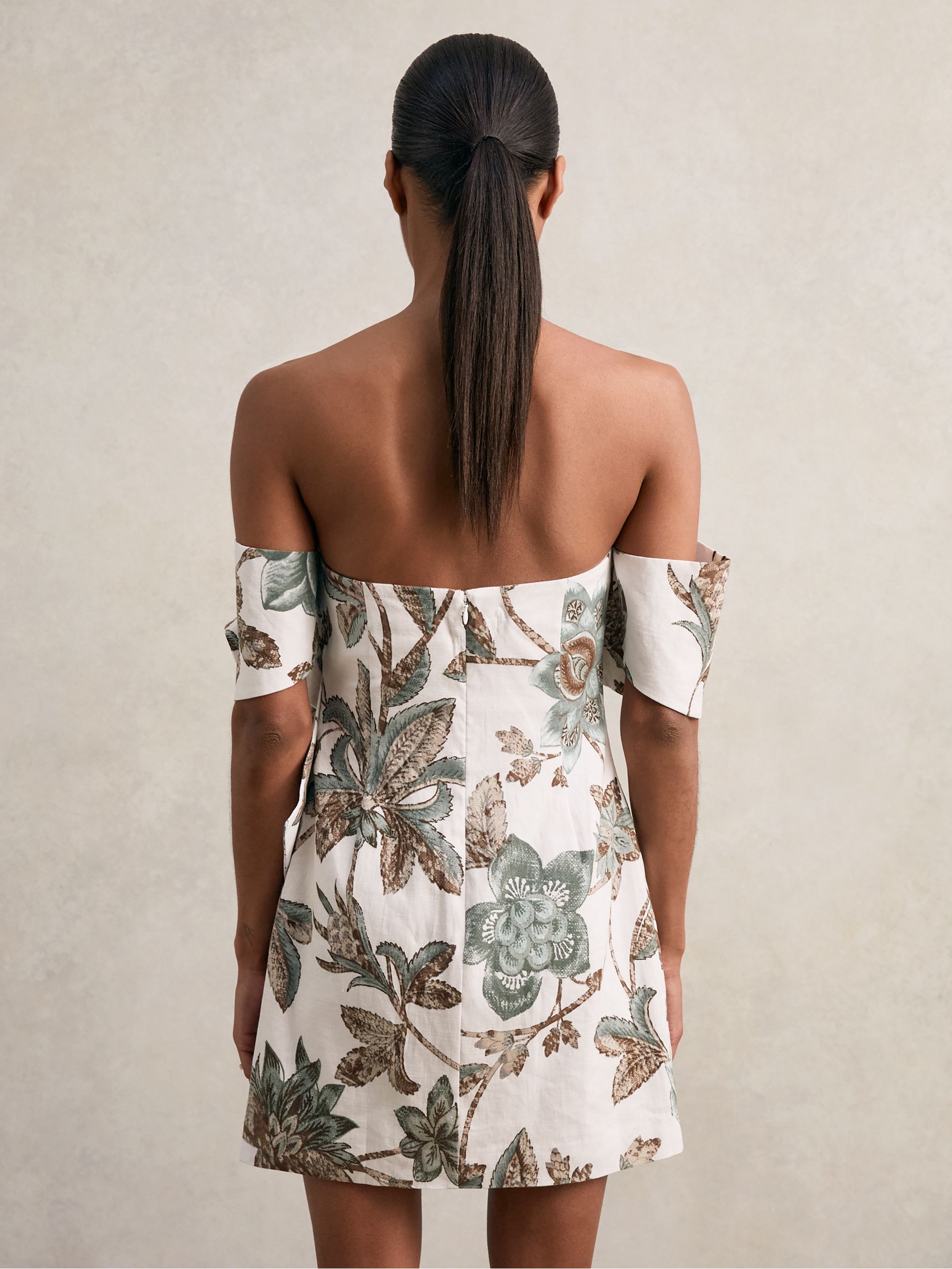 Sculpted Off-Shoulder Floral Mini Dress Linen-Cotton in Ivory - Image 4 of 6