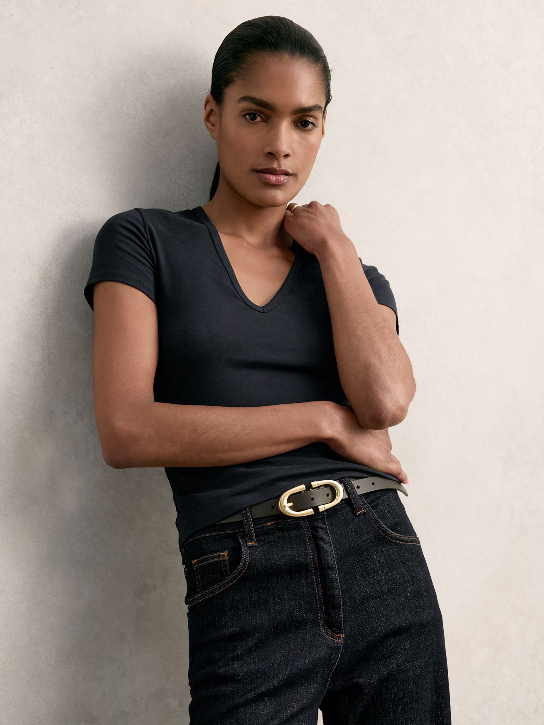 Stretch Cotton V-Neck T-Shirt in Navy - Image 1 of 6