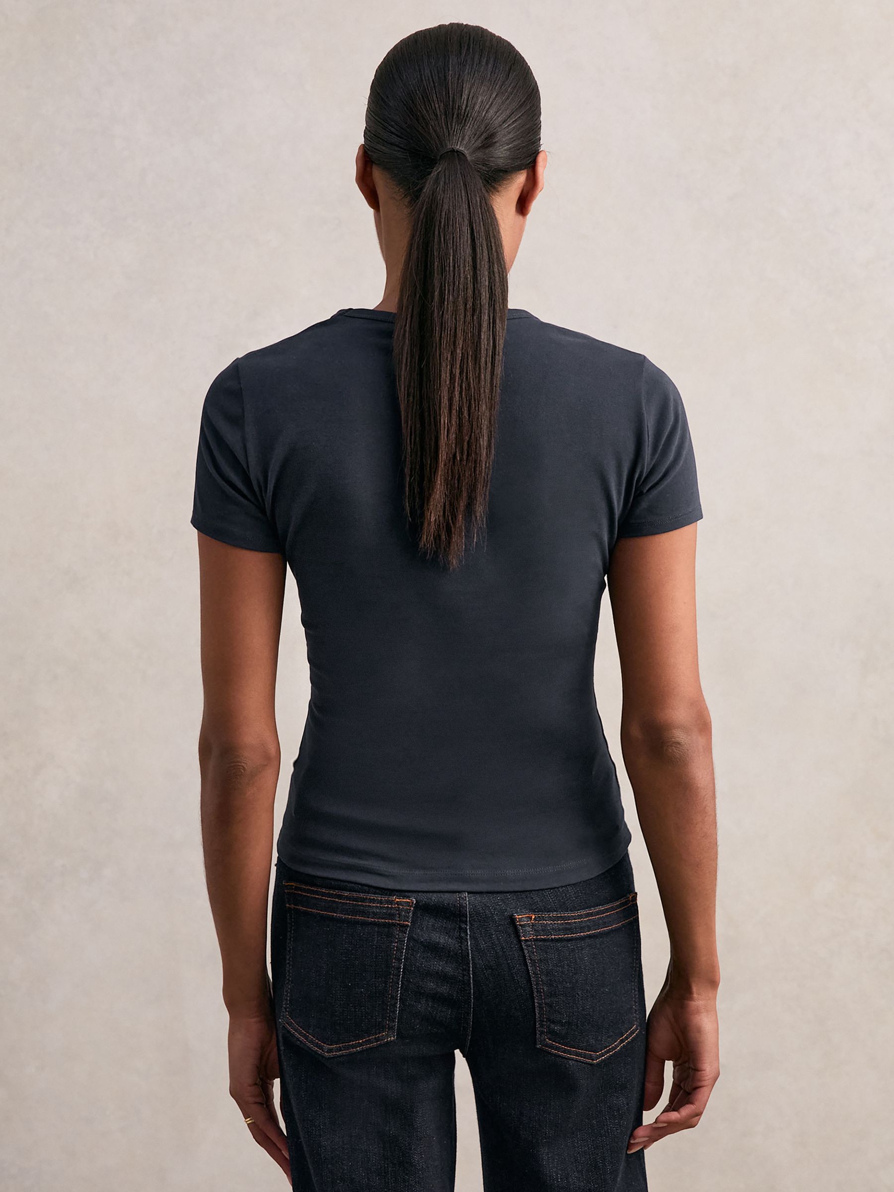 Stretch Cotton V-Neck T-Shirt in Navy - Image 5 of 6