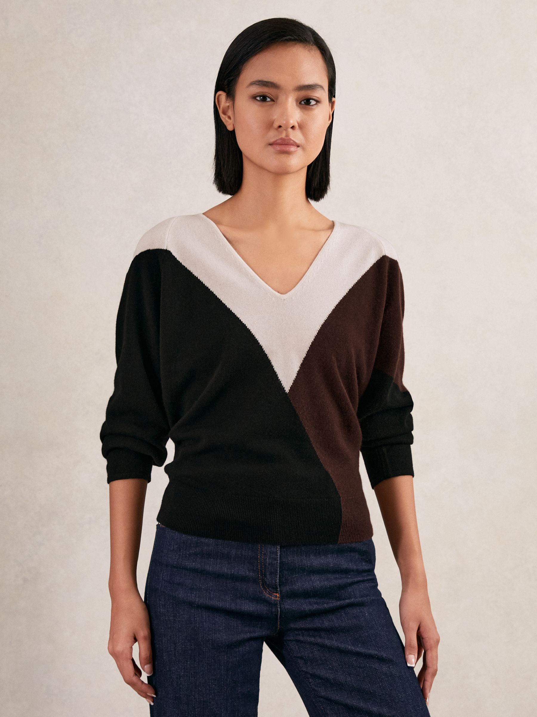 Wool-Blend Colourblock Knit Jumper with Cashmere in Black/Burgundy/Cream - Image 1 of 6
