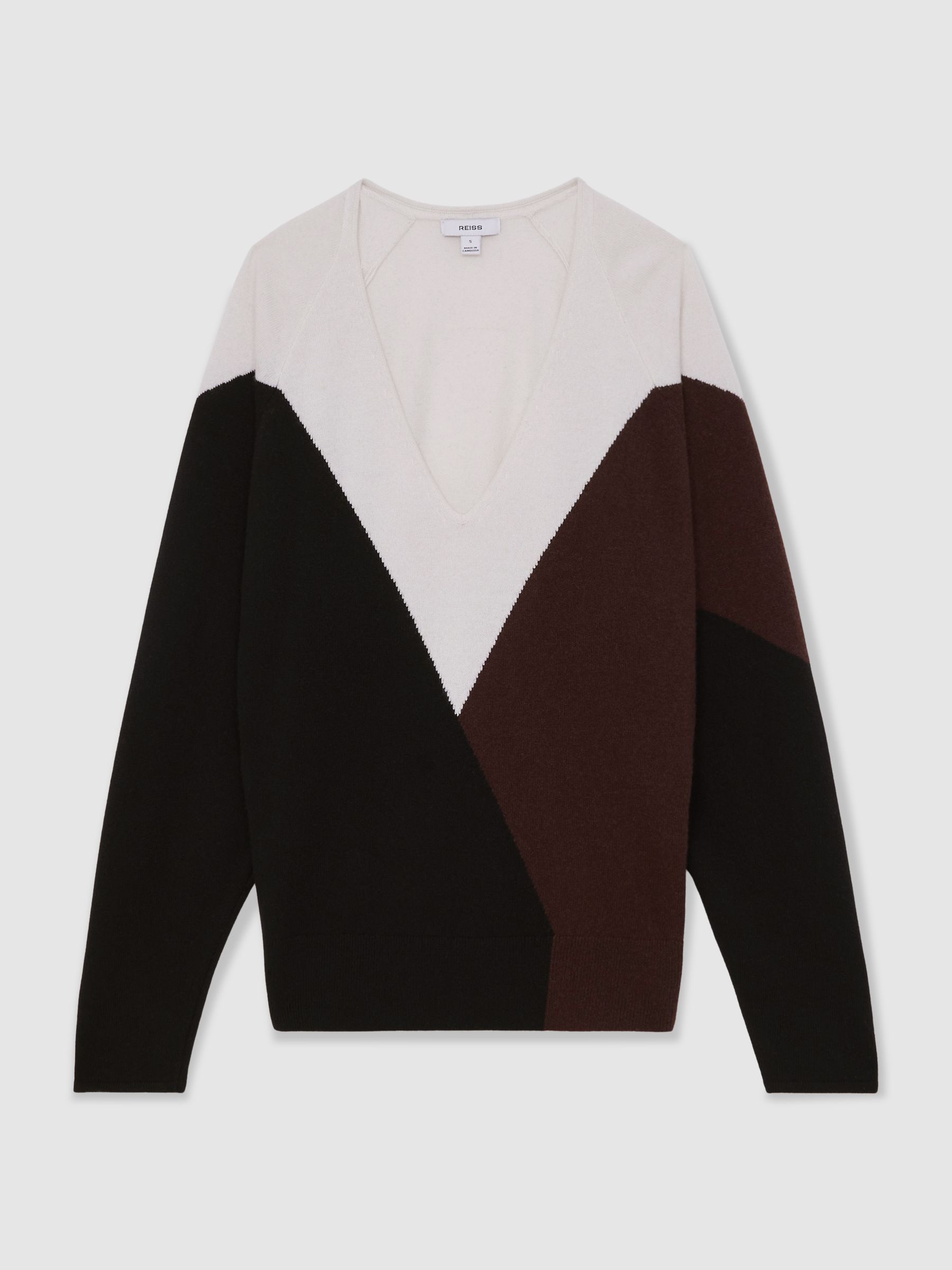 Wool-Blend Colourblock Knit Jumper with Cashmere in Black/Burgundy/Cream - Image 2 of 6